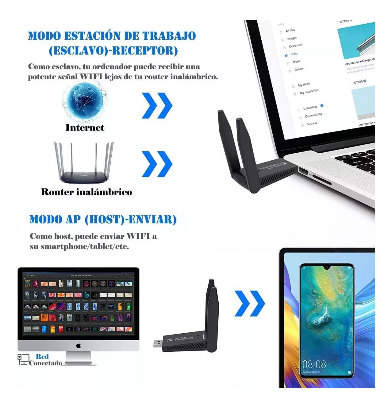 Foto 6 pulgar | Adaptador Wifi Usb 3.0 De Banda Dual Para Pc 1300mbps 5ghz, Negro