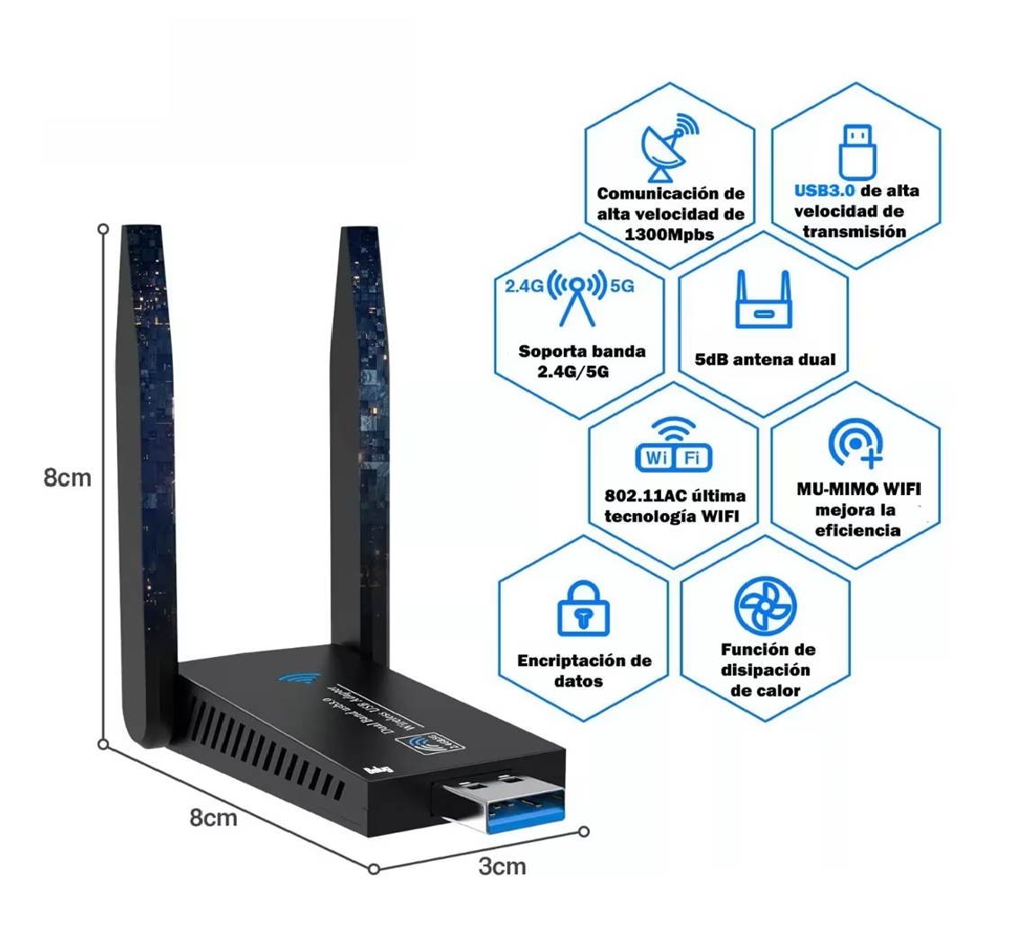 Foto 6 pulgar | Adaptador Wifi Usb 3.0 De Banda Dual Para Pc 1300mbps 5ghz, Belug Negro