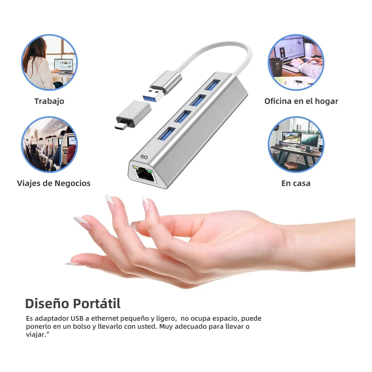 Foto 4 pulgar | Adaptador Usb Ethernet C 3.0 Rj45 Red Lan Gigabit 5 En 1 Hub Eo Safe Imports Esi-20110 Plata