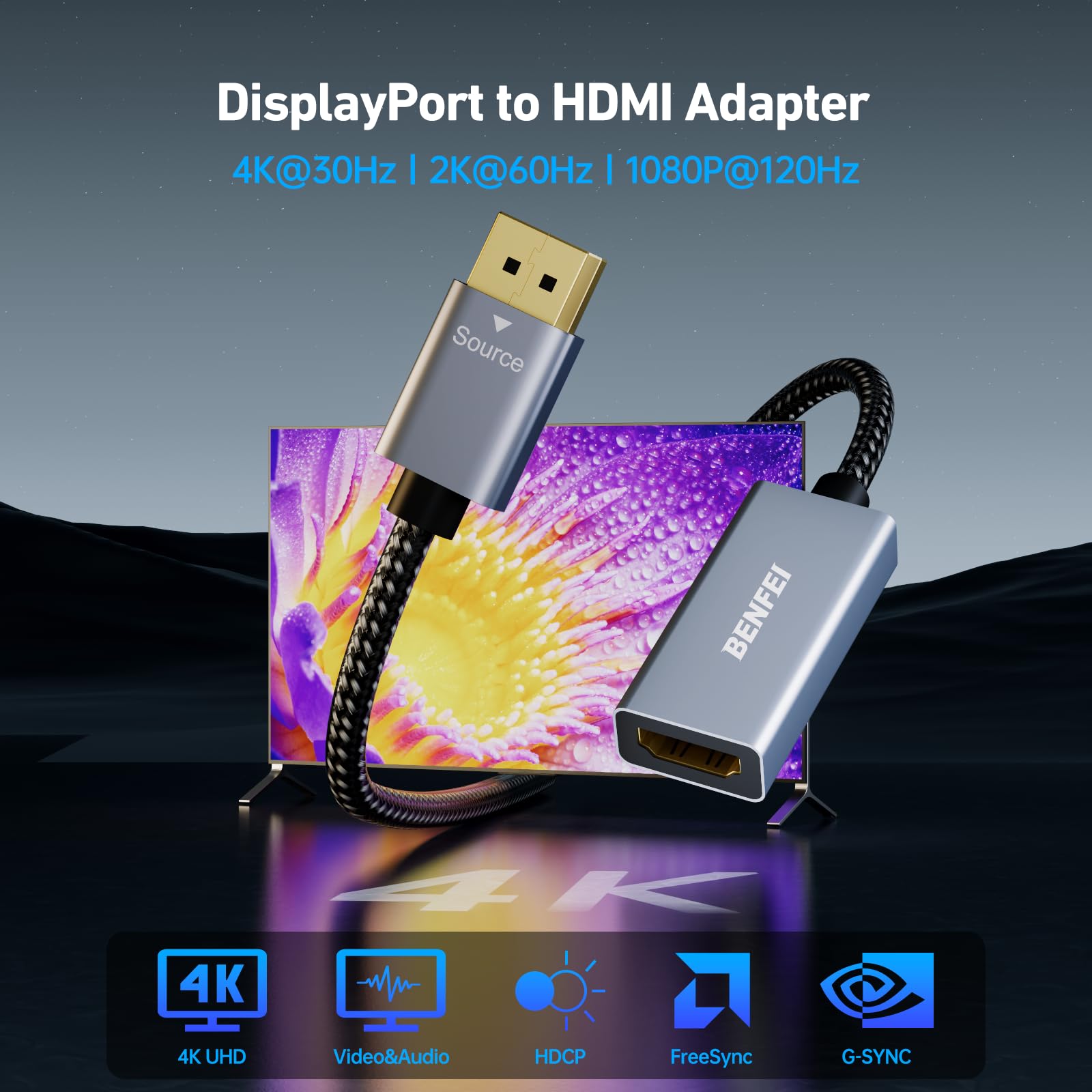 Foto 3 pulgar | Cable Adaptador Benfei 4k Displayport A Hdmi Macho A Hembra - Venta Internacional.