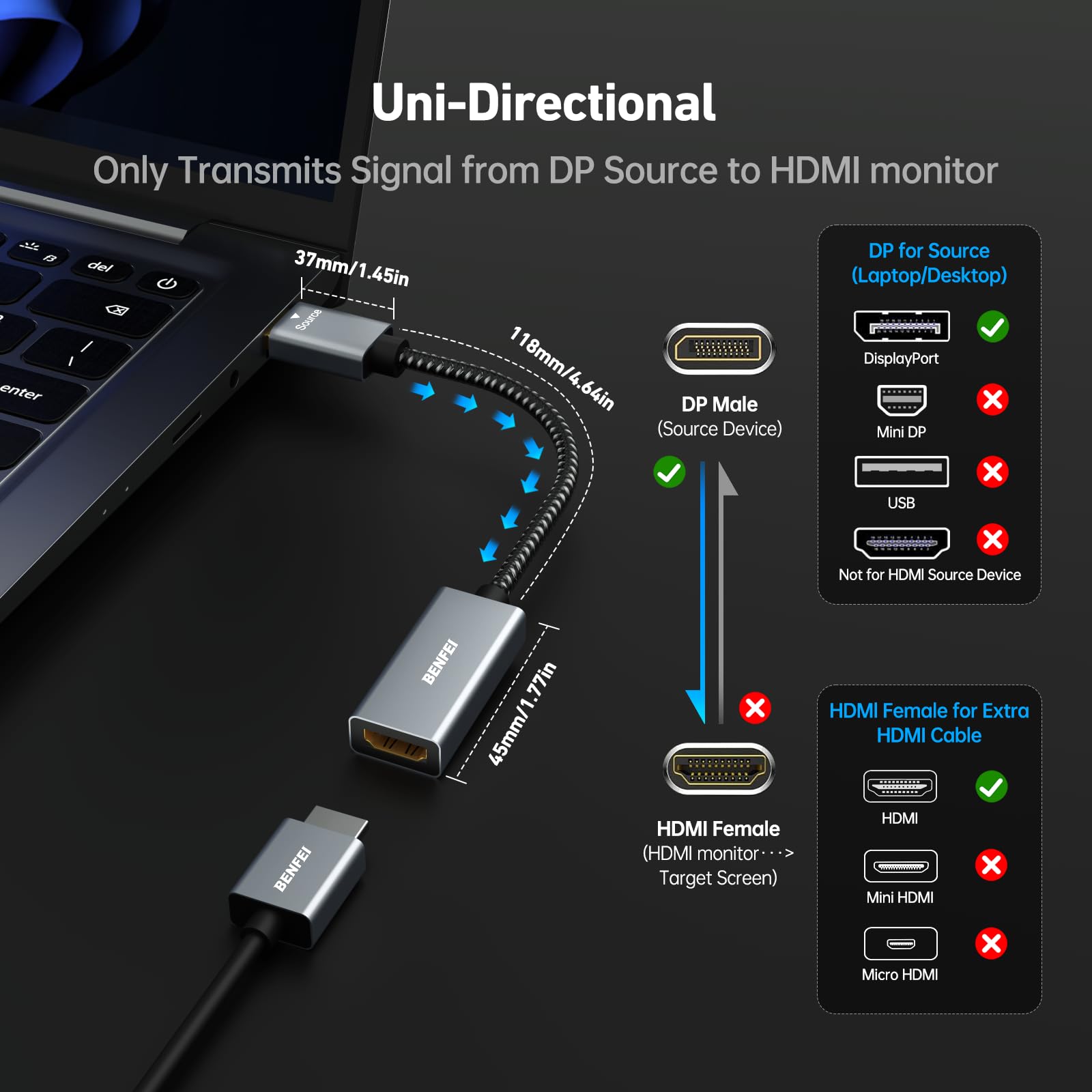 Foto 4 pulgar | Cable Adaptador Benfei 4k Displayport A Hdmi Macho A Hembra - Venta Internacional.