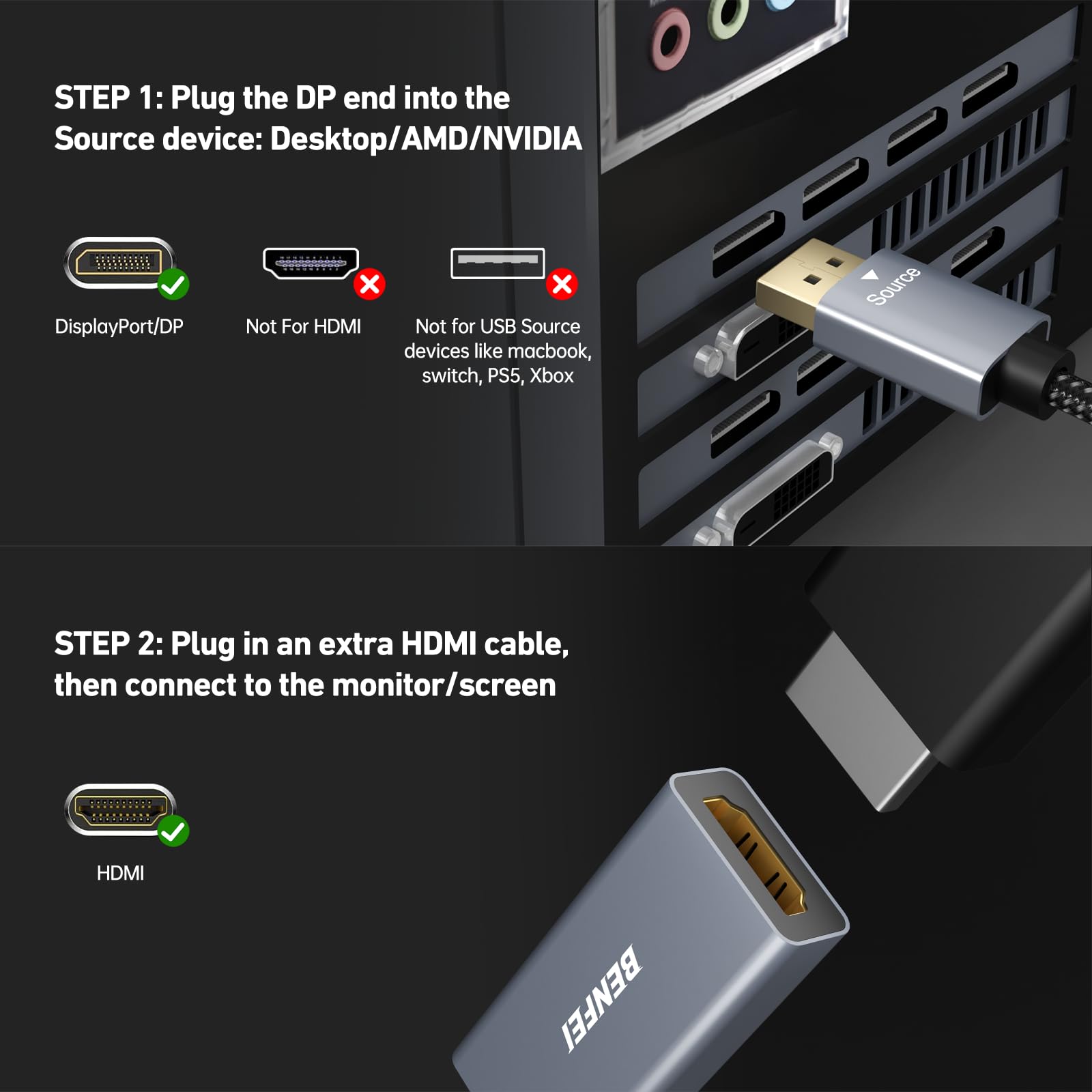 Foto 8 pulgar | Cable Adaptador Benfei 4k Displayport A Hdmi Macho A Hembra - Venta Internacional.