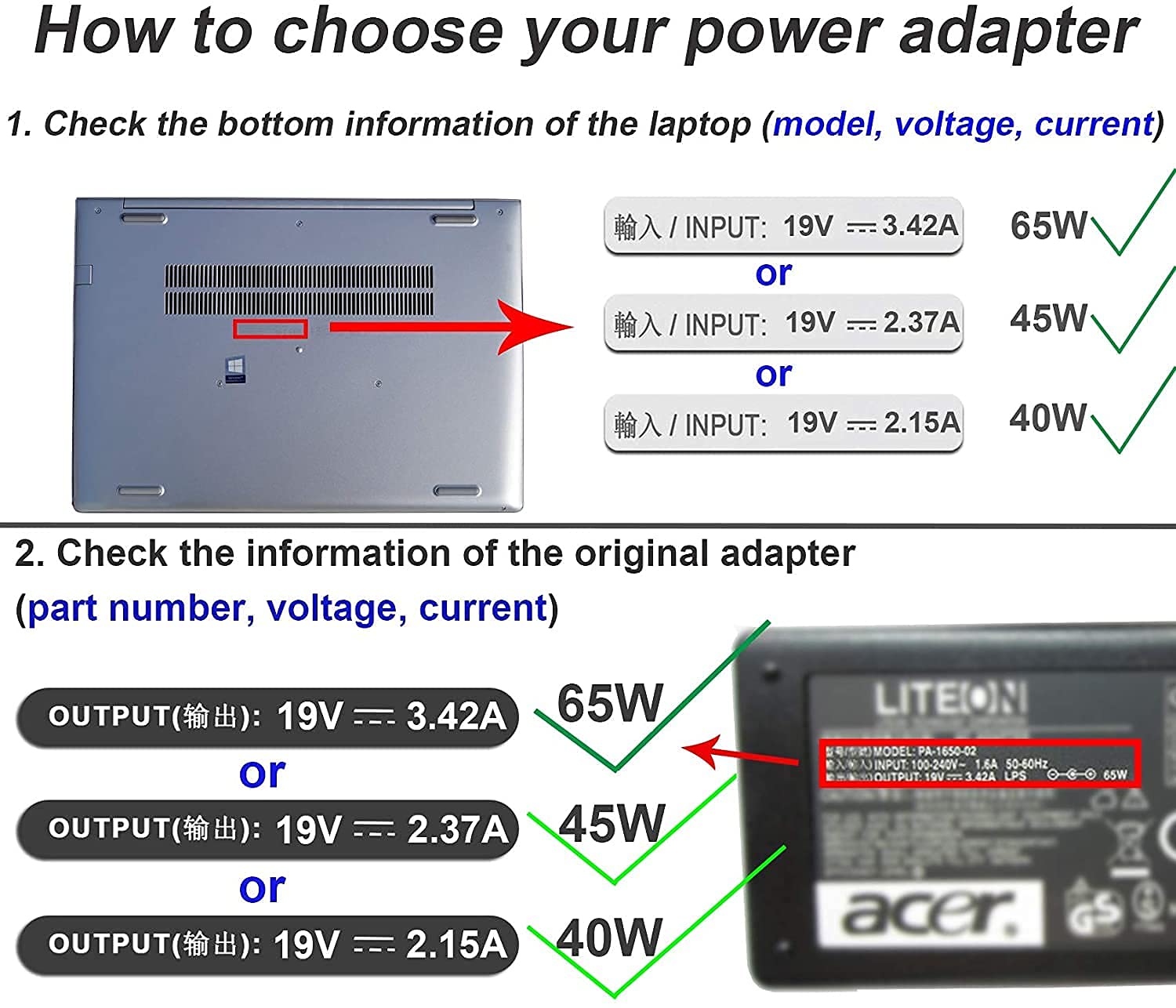 Foto 3 | Cargador De Batería Portátil De Repuesto De 65 W, 19 V Y 3,42 A Para Acer - Venta Internacional.