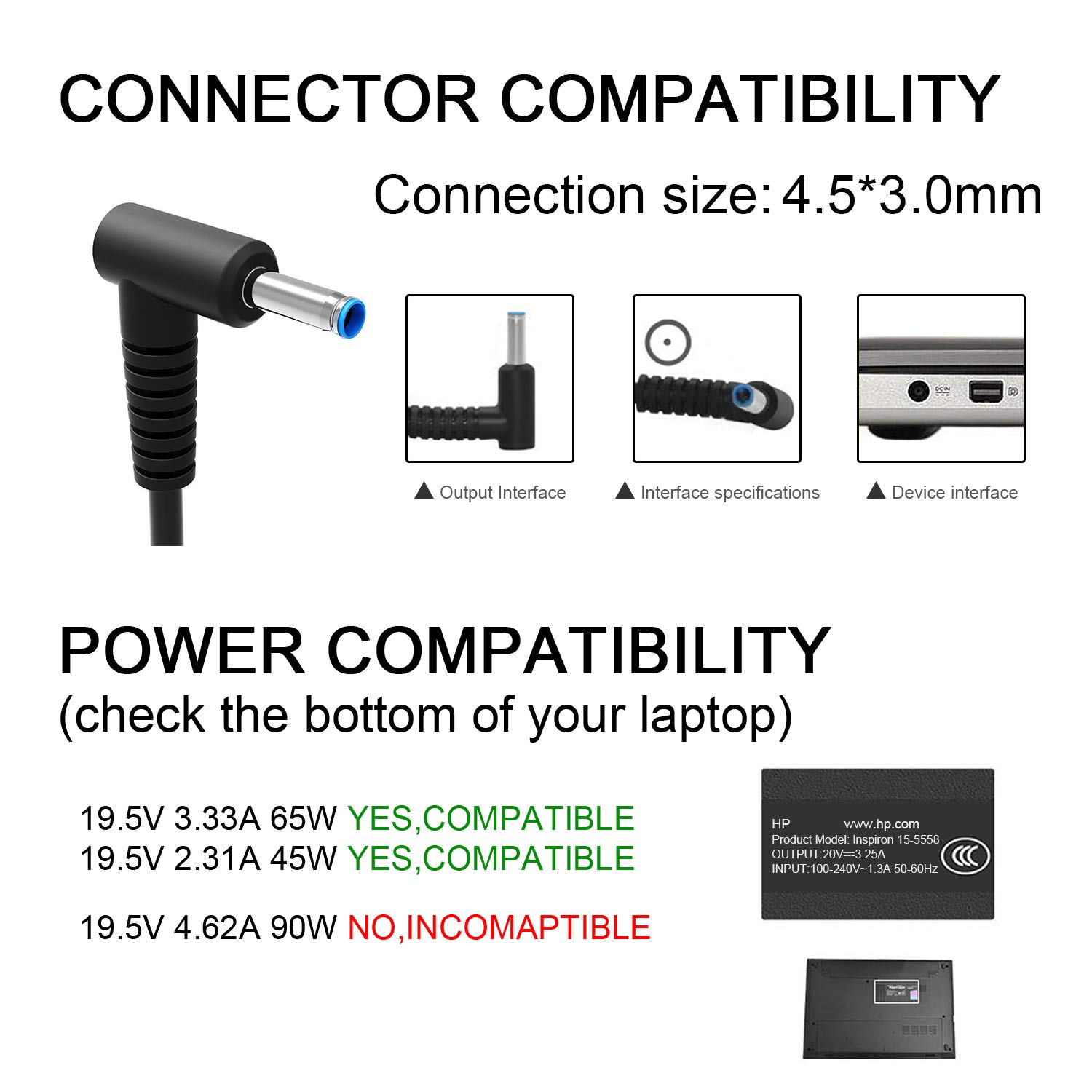 Foto 3 pulgar | Adaptador De Corriente Charger Hibbo De 65 W Y 45 W Con Punta Azul Inteligente Para Hp La - Venta Internacional.