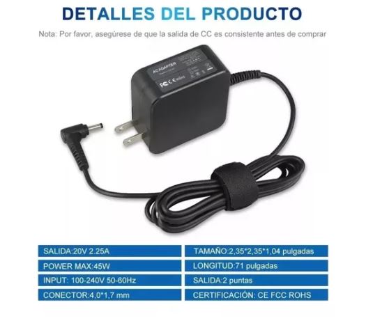 Foto 3 pulgar | Cargador Adecuado Para Lenovo Laptop 20v/2.25a