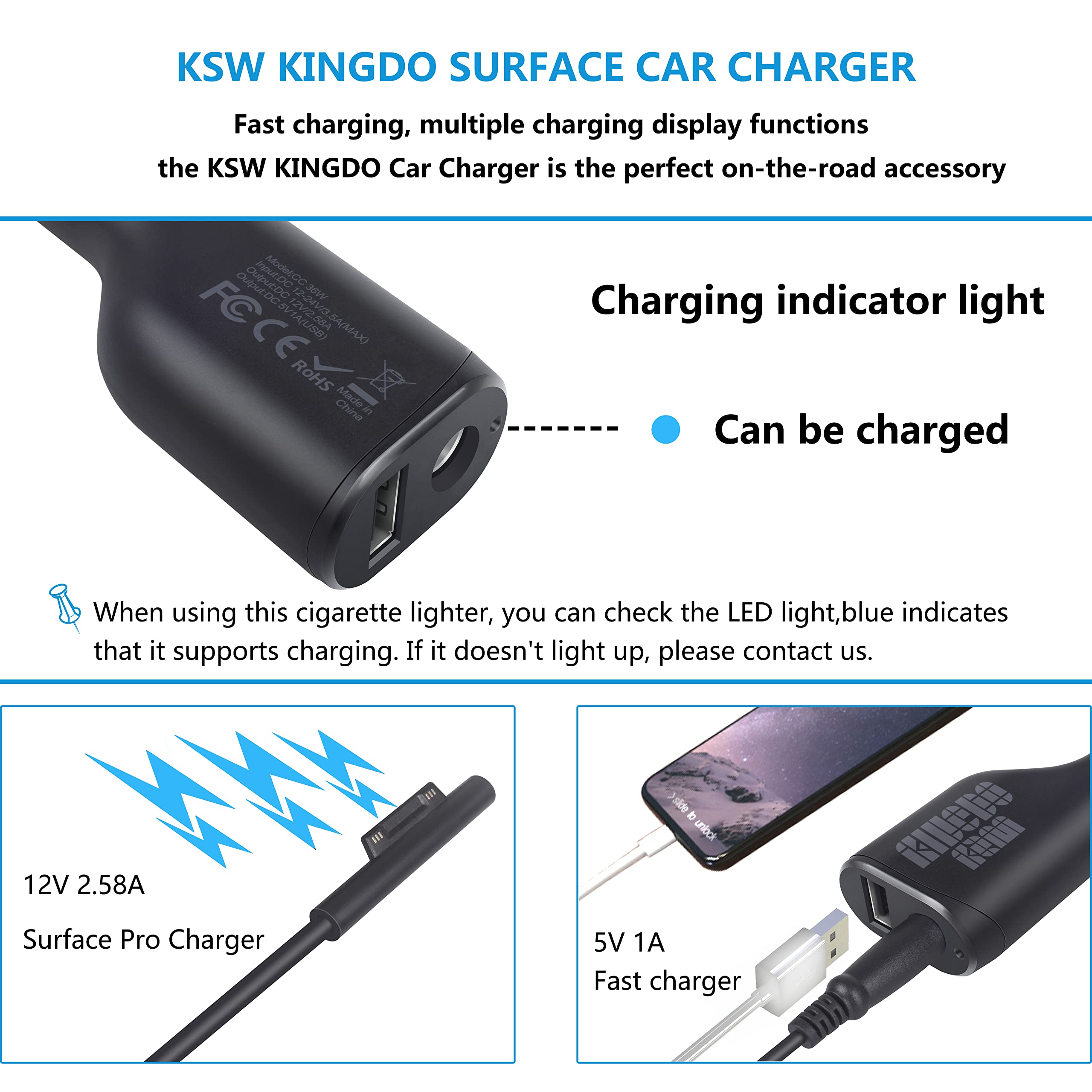 Foto 4 pulgar | Cargador De Coche Ksw Kingdo 36 W 12 V 2.58 A Para Surface Pro/laptop - Venta Internacional.