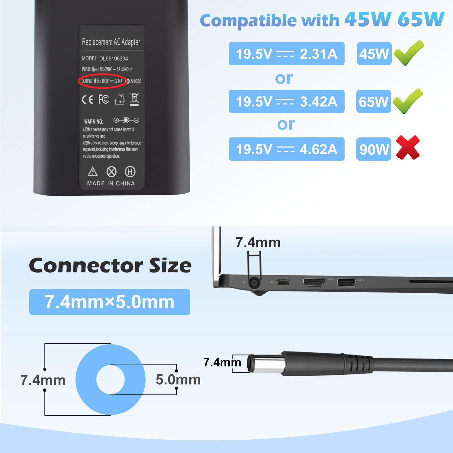 Foto 4 pulgar | Cargador De Portátil Y Adaptador Ac De 65 W Y 19,5 V Para Dell Latitude - Venta Internacional.