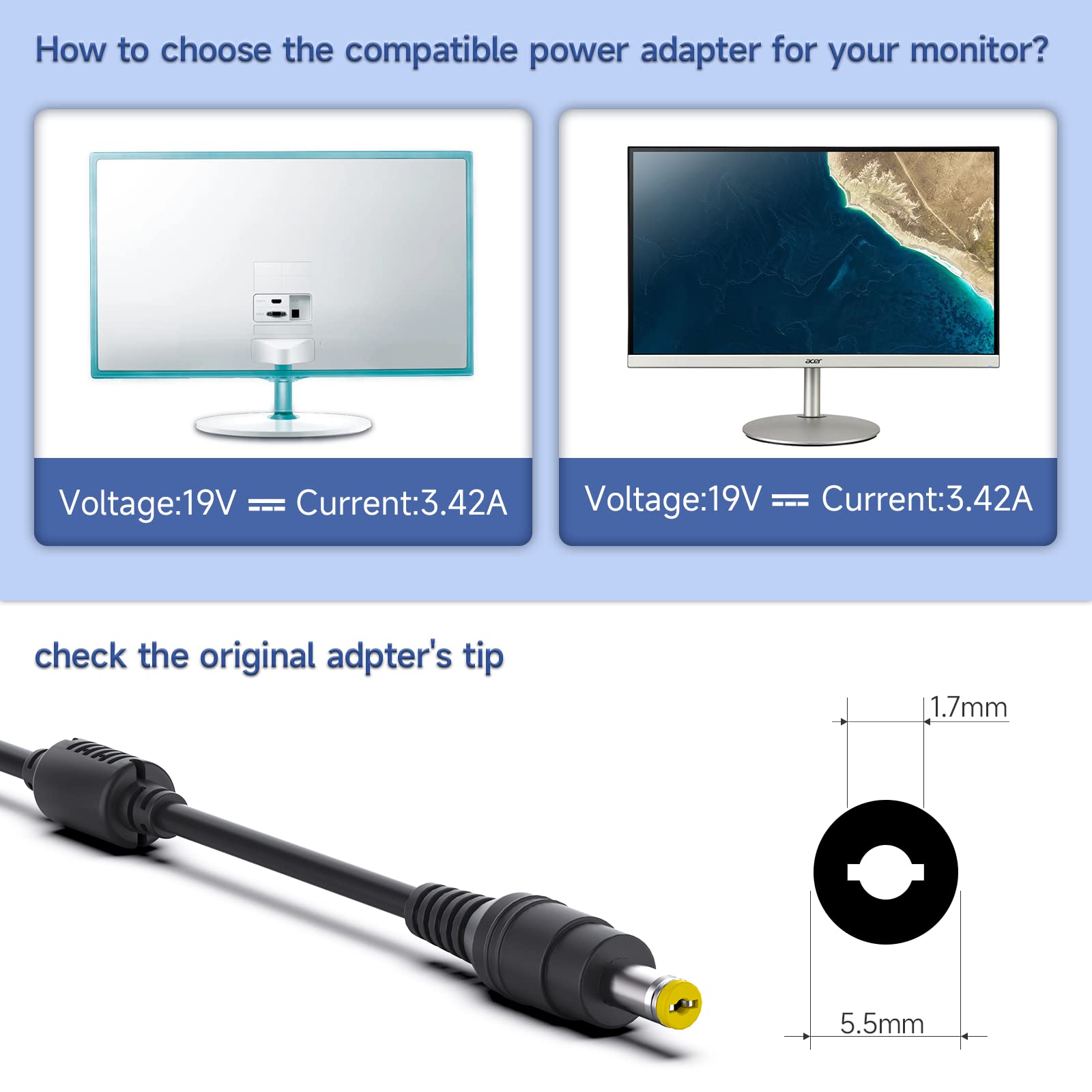 Foto 3 pulgar | Adaptador De Cable De Alimentación 19 V 3.42 A 65 W Para Monitor Lcd Acer - Venta Internacional.