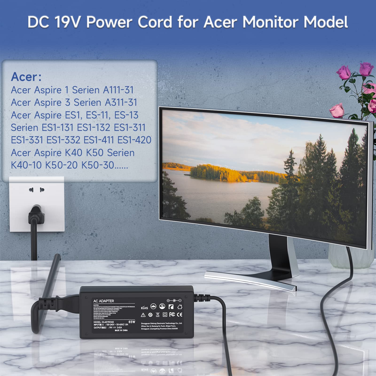 Foto 4 pulgar | Adaptador De Cable De Alimentación 19 V 3.42 A 65 W Para Monitor Lcd Acer - Venta Internacional.