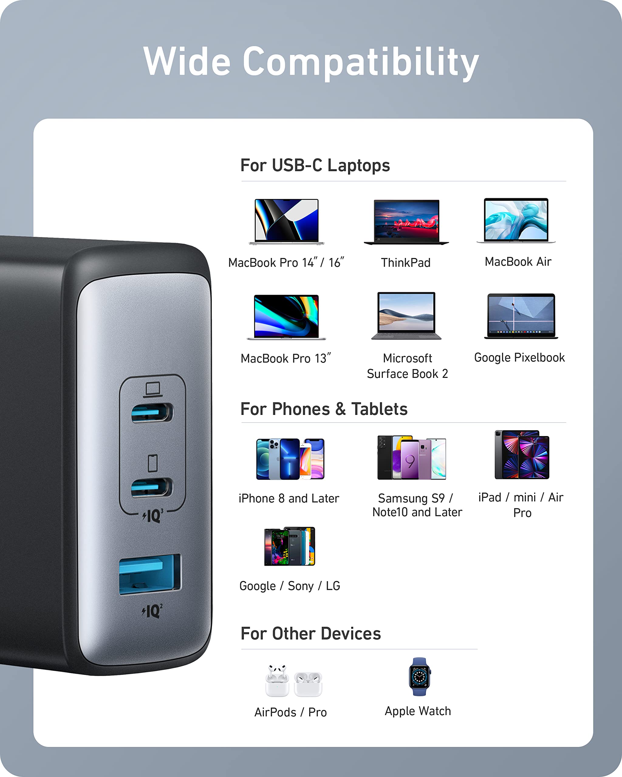 Foto 8 pulgar | Cargador Anker Usb C Gan Ii De 100 W Con 3 Puertos Para Macbook Dell Xps - Venta Internacional.