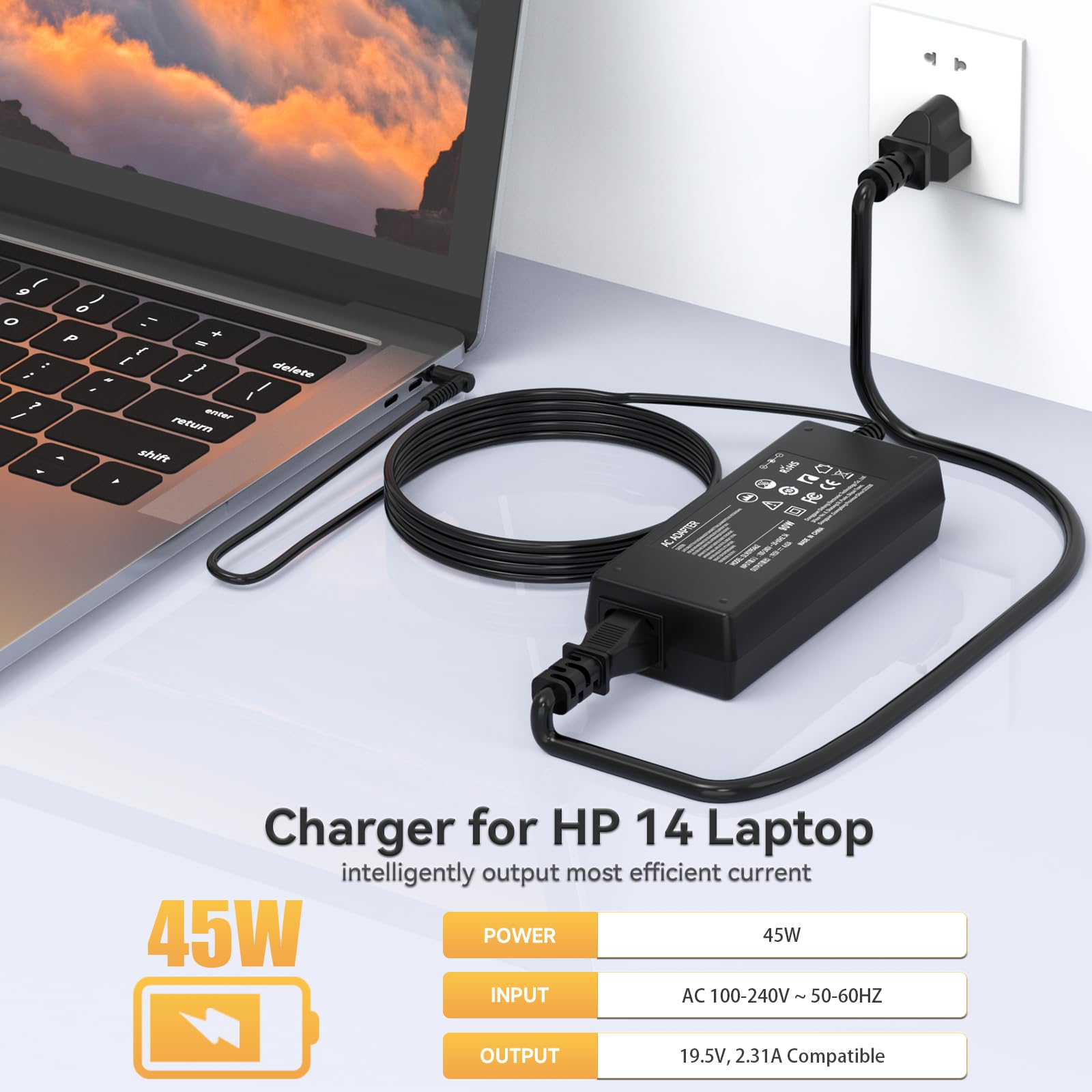 Foto 4 | Cargador Rolada 45 W 19 5 V 2 31 A Para Portátil Hp Modelo 14 - Venta Internacional.