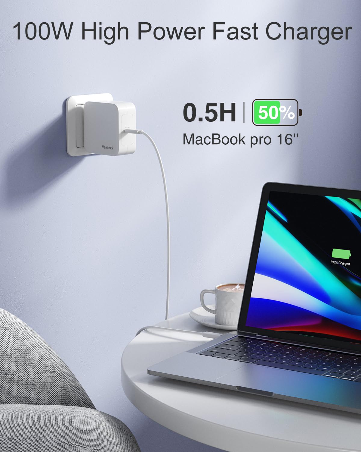 Foto 2 | Cable Charger Nekteck Para Mac Book Pro Gan  100 W  Usb C  6.6 Pies - Venta Internacional.
