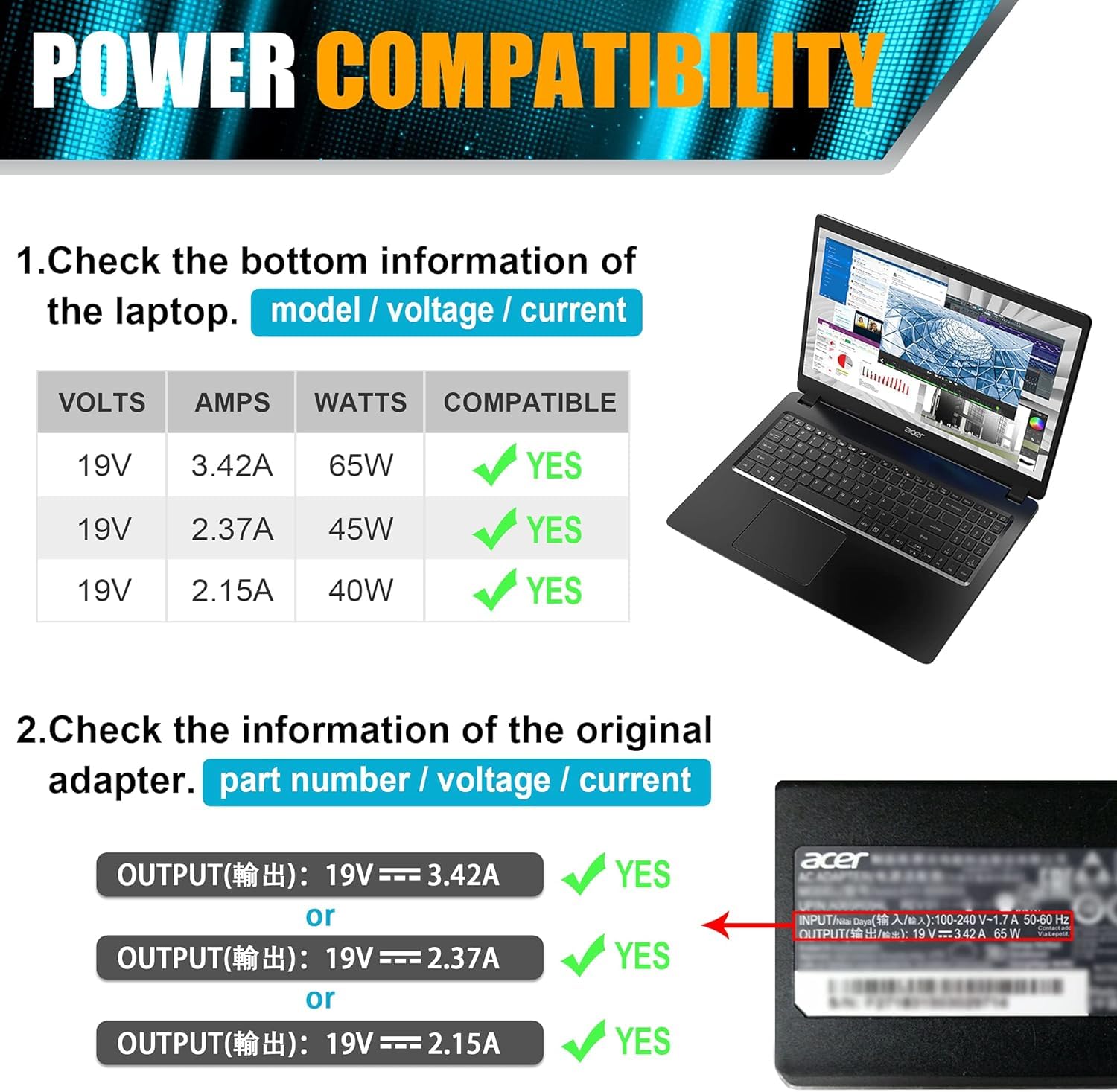 Foto 3 | Cargador Portátil De 65 W De Repuesto Para Acer N15q8 N15q9 N16p1 - Venta Internacional.