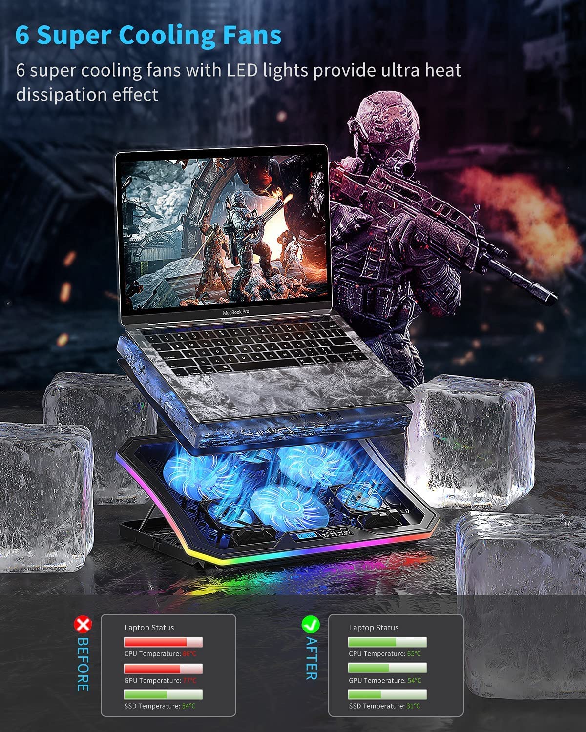 Foto 2 | Almohadilla de Refrigeración para Portátil Kevin Upgrade A8 Rgb Lights 15.6-17.3" - Venta Internacional