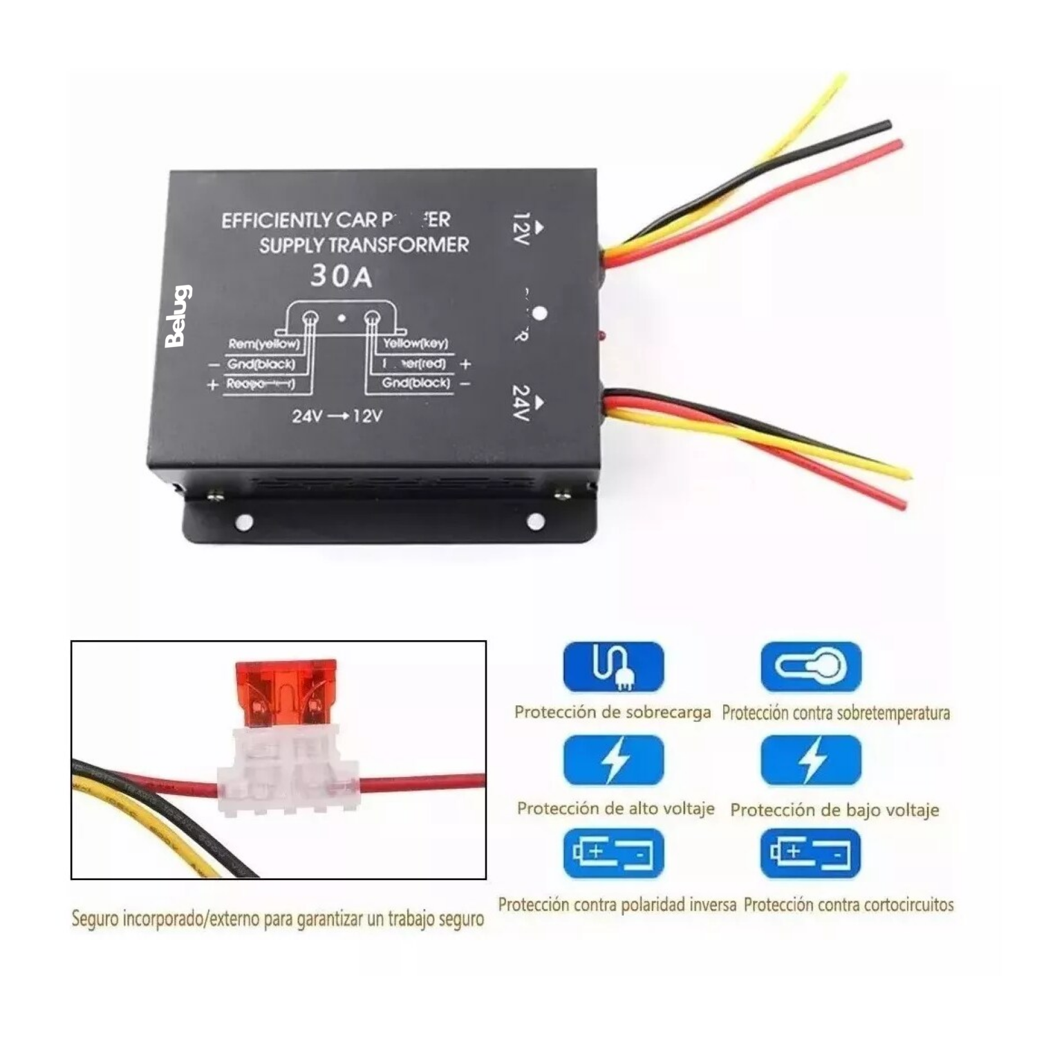 Foto 3 pulgar | Convertidor Inversor De Voltaje De 24 V A 12 V Belug Transformador Negro