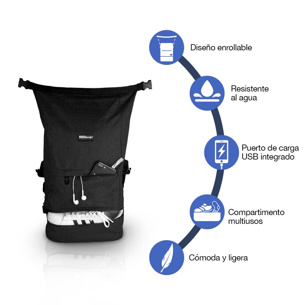 Foto 3 pulgar | Mochila Backpack Roll Top Antirrobo Impermeable Para Laptop De 15” Y Tablet Ideal Para Campamentos Redlemon 79099 Negro