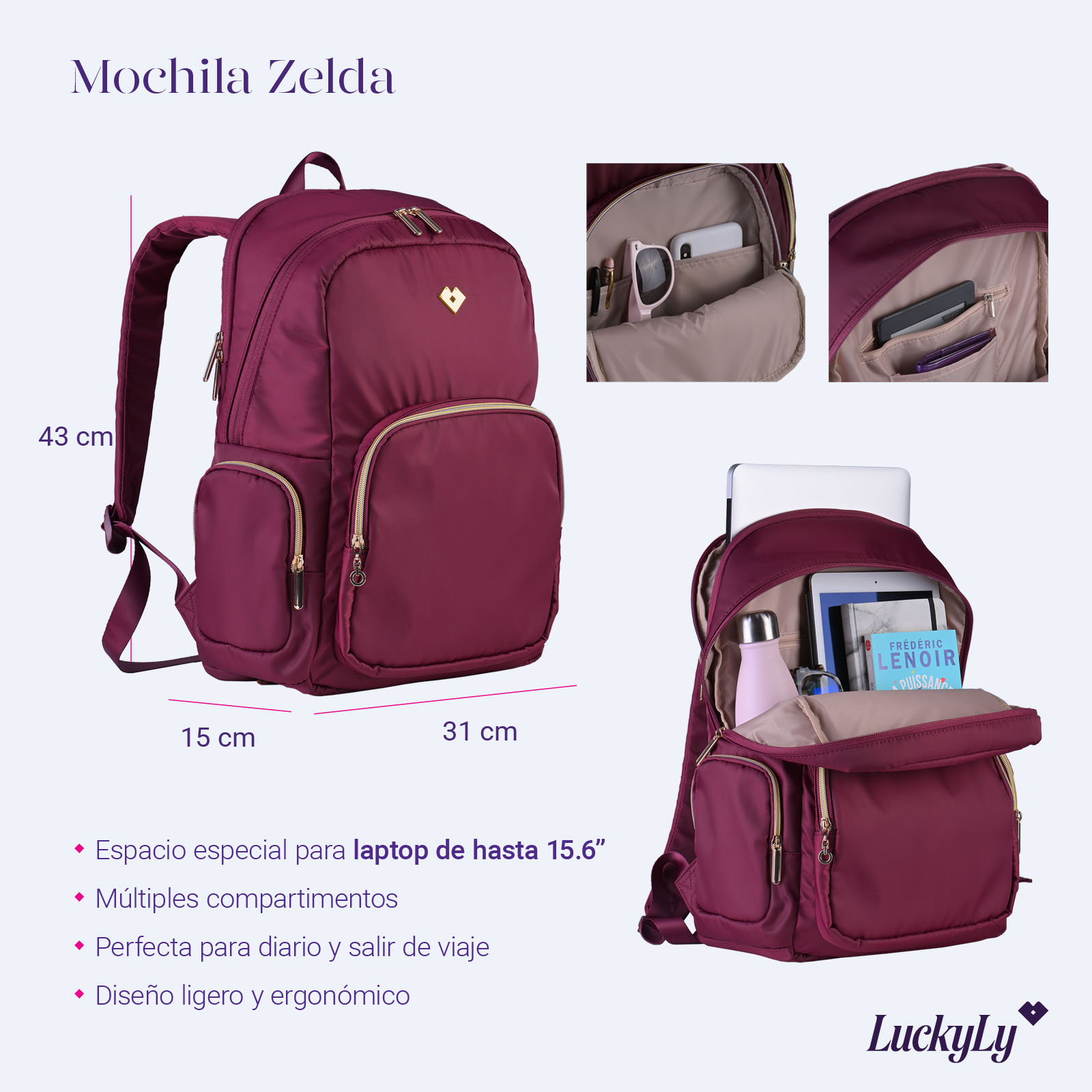 Foto 7 pulgar | Mochila para Laptop Hasta 15.6" Luckyly color Vino