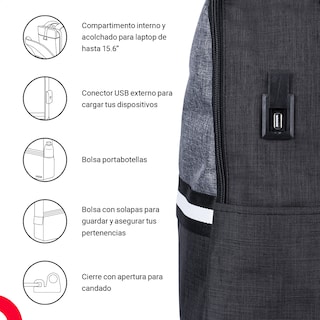 Foto 5 | Mochila TechZone Glad Porta Laptop 15.6 pulgadas color Gris y negro
