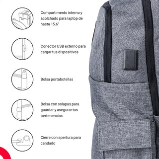 Foto 3 | Mochila Techzone True Porta Laptop 15.6 Puerto Usb Gris