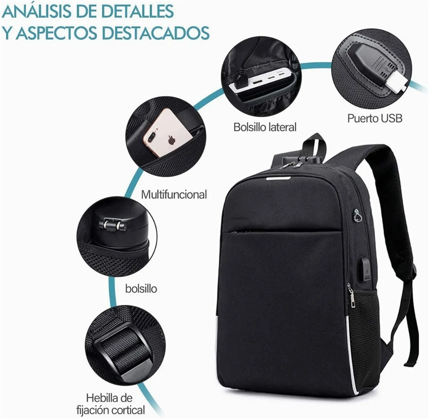 Foto 4 pulgar | Venta Internacional- Mochila Impermeable USB para Portátil 20-35 L de Lona Negra