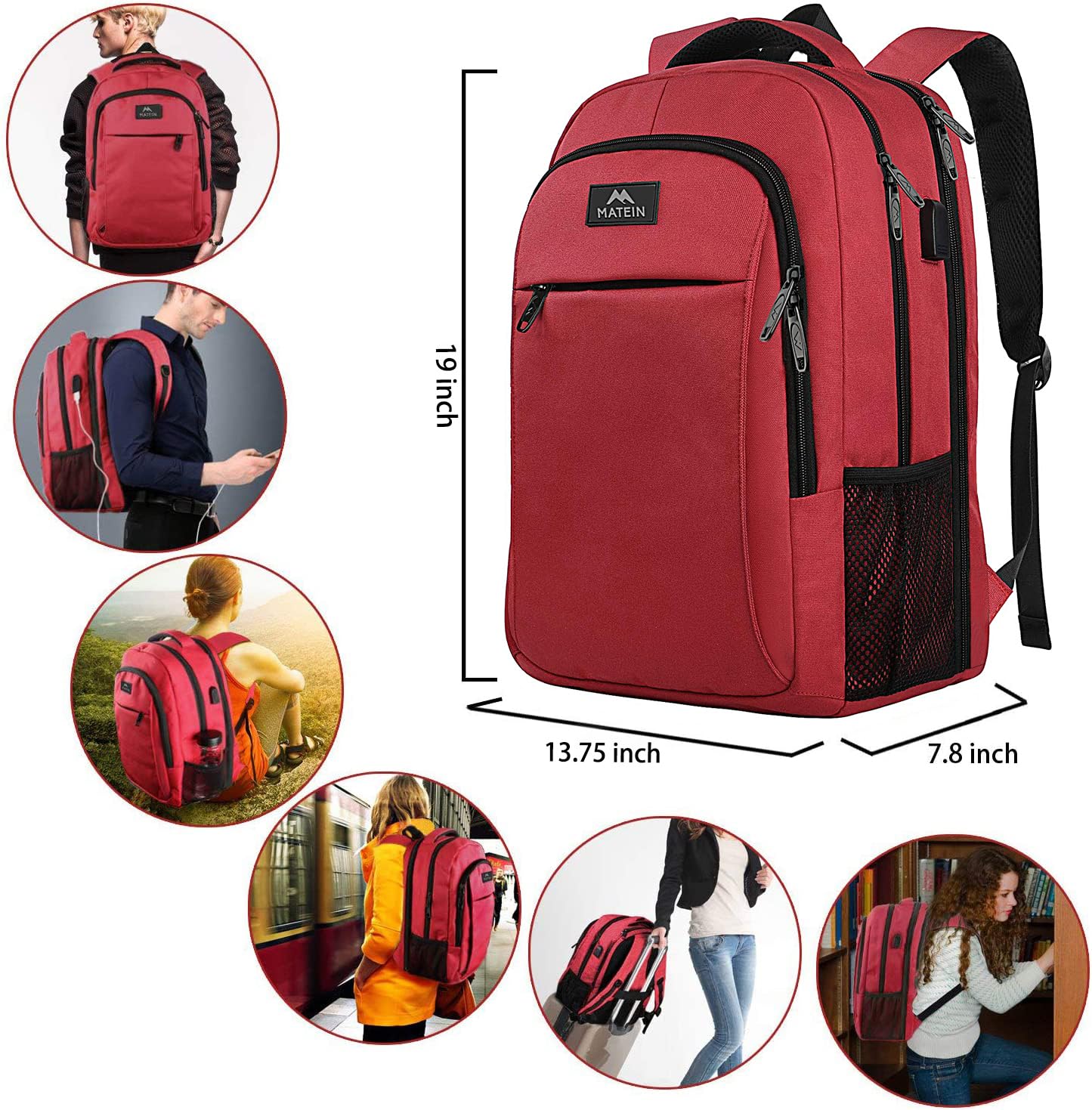 Foto 7 pulgar | Venta Internacional - Mochila Matein Para Portátil De 17 Pulgadas Para Mujer Con Puerto Usb, Color Rojo