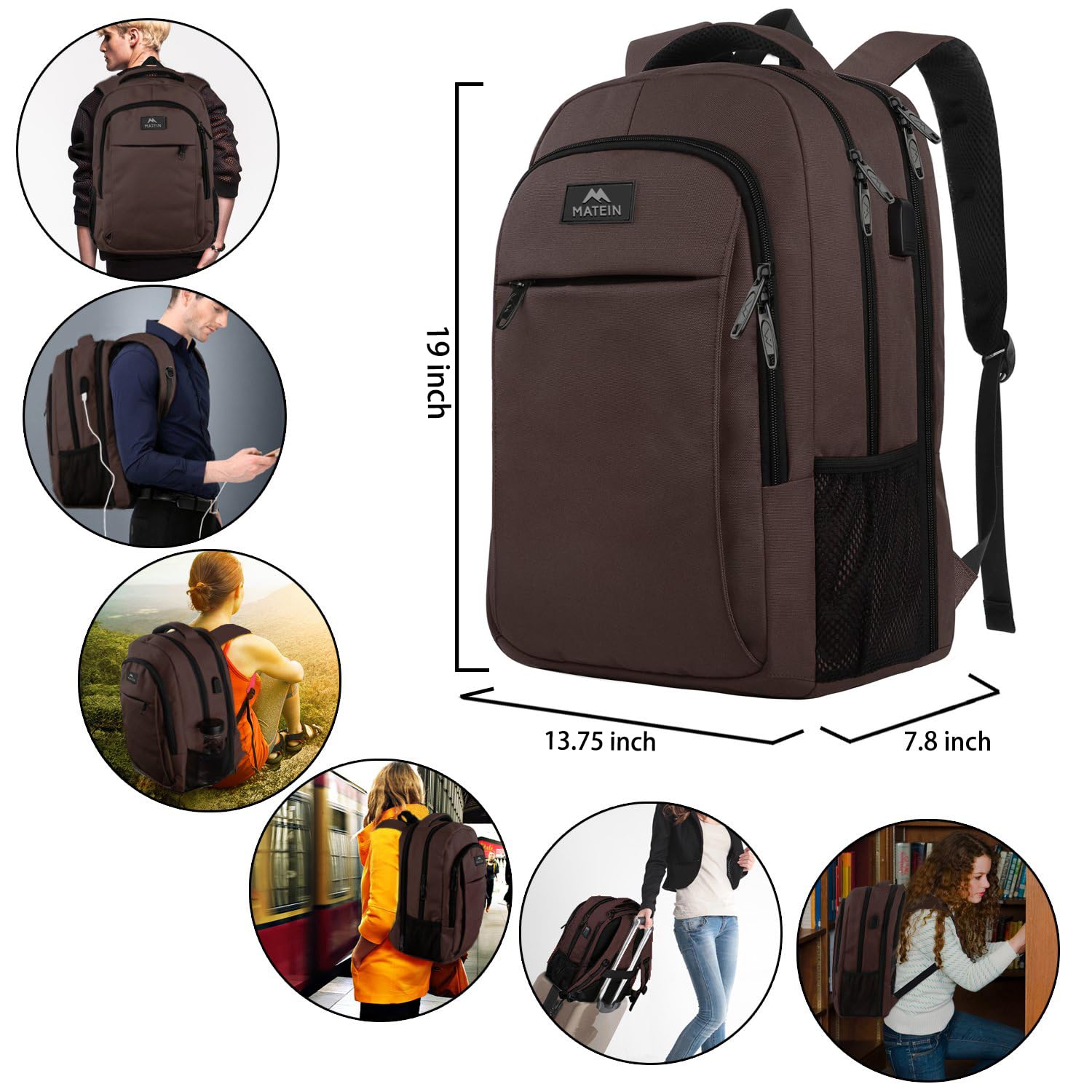 Foto 7 pulgar | Venta Internacional - Mochila Para Portátil Matein Extra Grande De 17,3'' Con Puerto Usb, Color Marrón