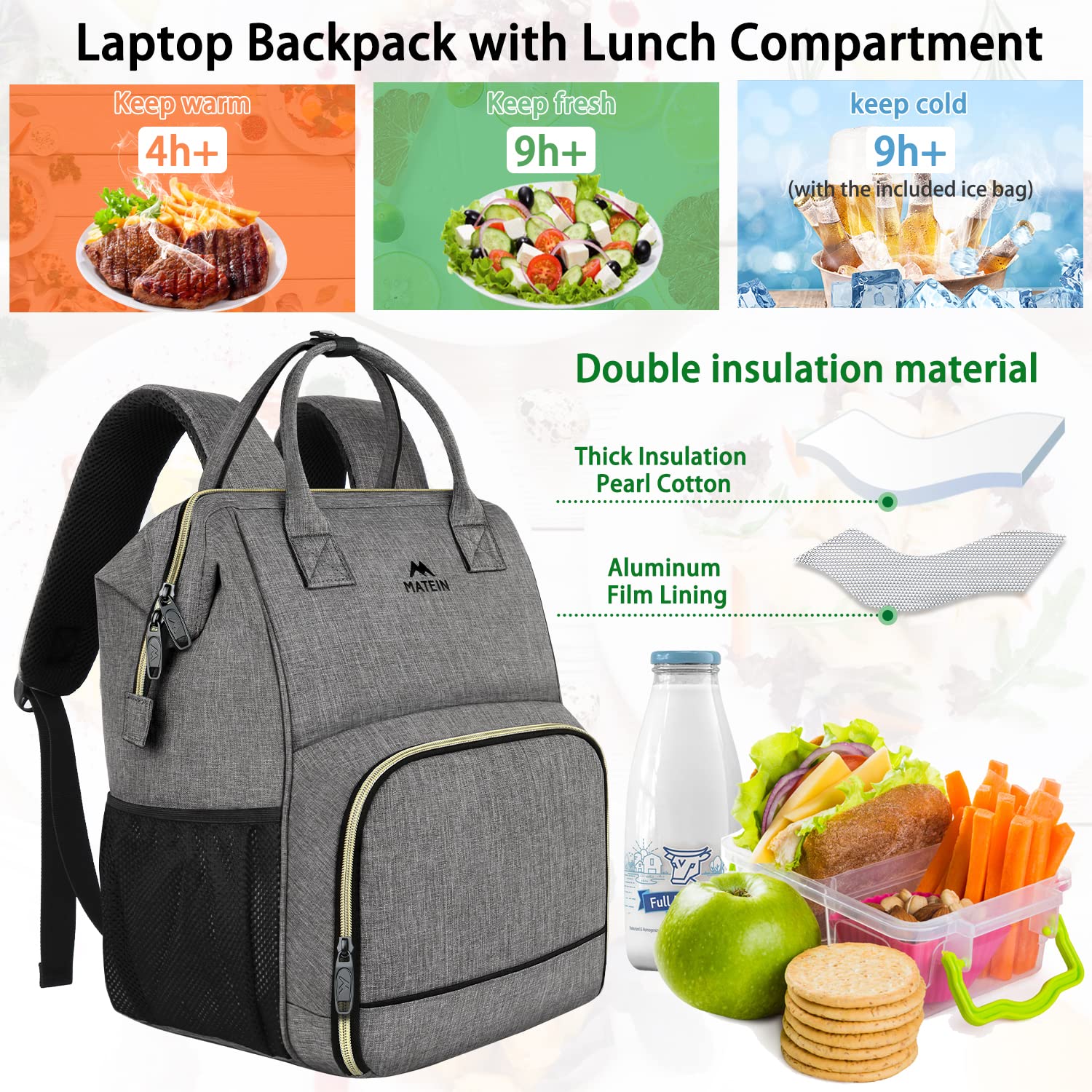 Foto 5 pulgar | Mochila De Almuerzo Matein Con Aislamiento Térmico Y Bolsa Para Portátil De 15.6 Pulgadas - Venta Internacional.