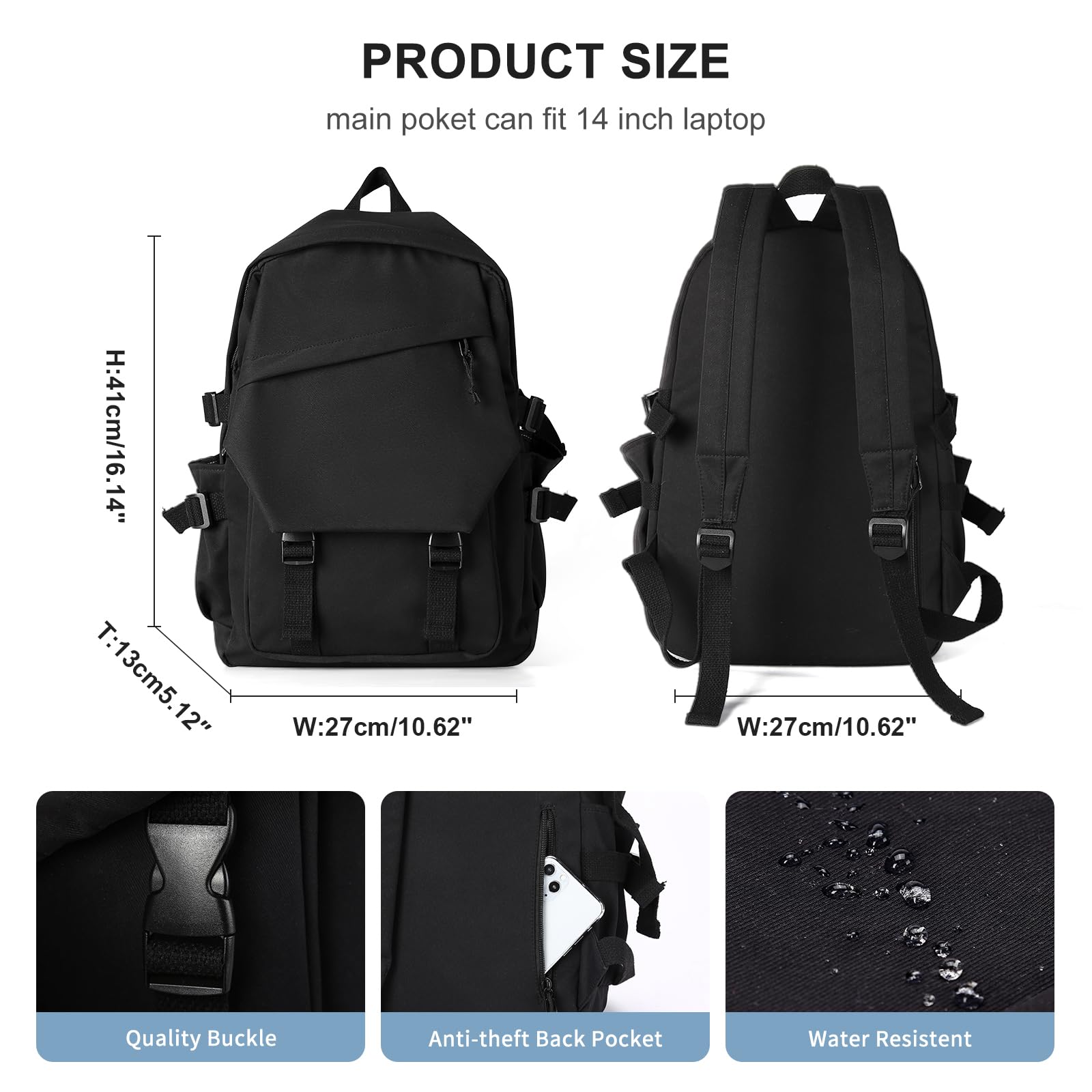 Foto 3 pulgar | Mochila Coowoz College Waterproof Negra - Venta Internacional