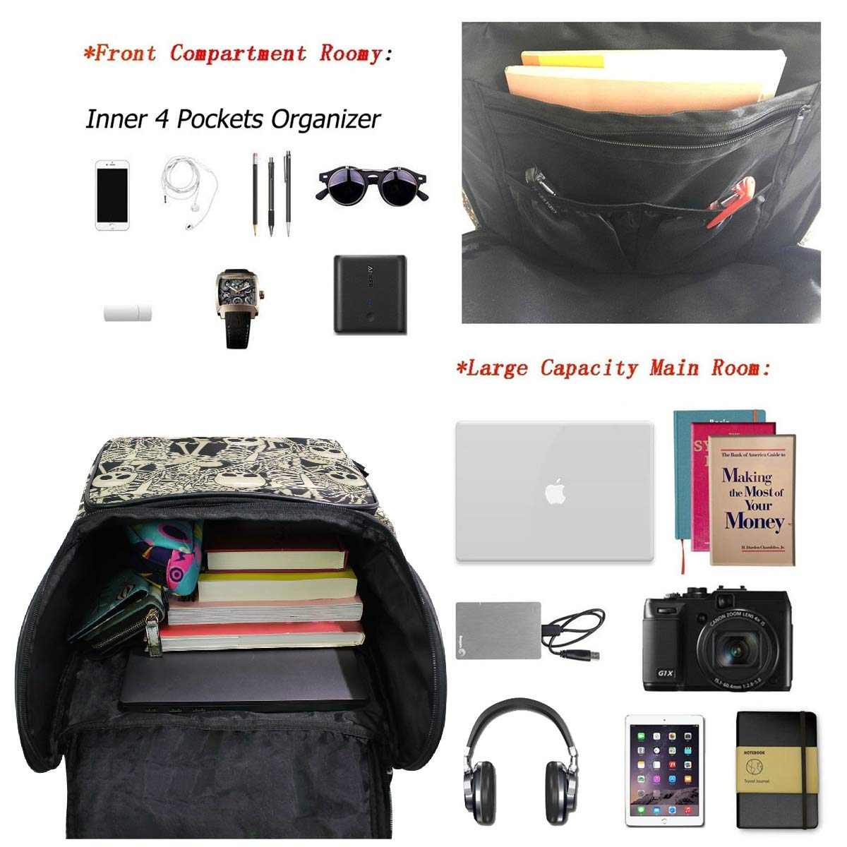 Foto 5 pulgar | Mochila Naanle Cool Skull Skeleton Pattern 40 l Impermeable - Venta Internacional