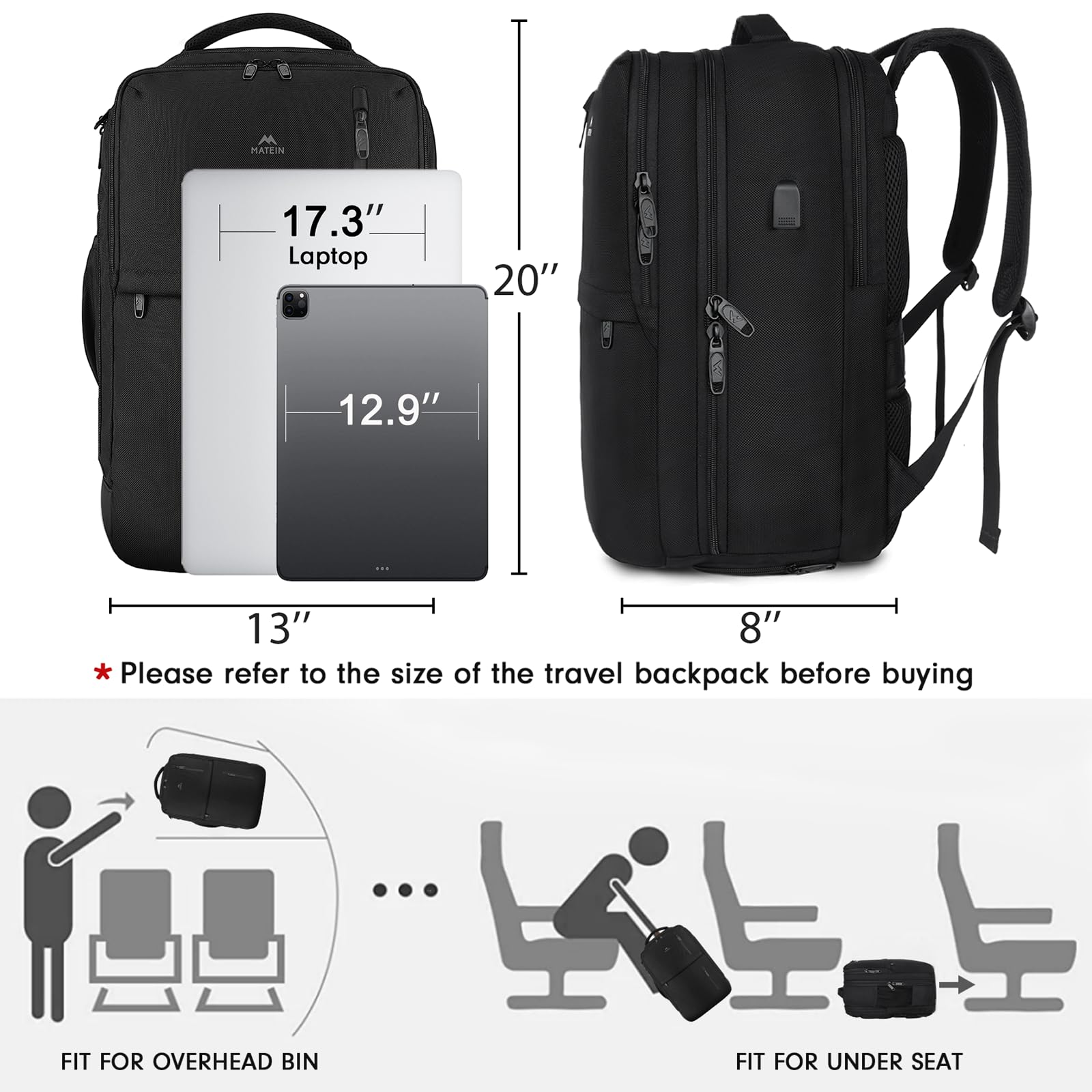 Foto 7 pulgar | Mochila Matein Carry On de 40 Litros con Puerto USB para Portátil de 17'' - Venta Internacional