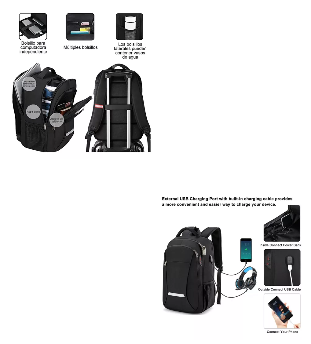 Foto 4 pulgar | Mochila De Viaje Para Portátil De 15.6 Puerto Usb Color Negro 35 L