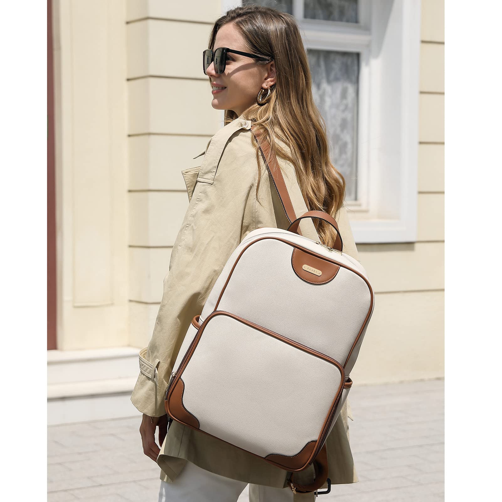 Foto 2 | Mochila Cluci De Piel Para Portátil De 15.6 Pulgadas Para Mujer, Color Blanquecino - Venta Internacional.