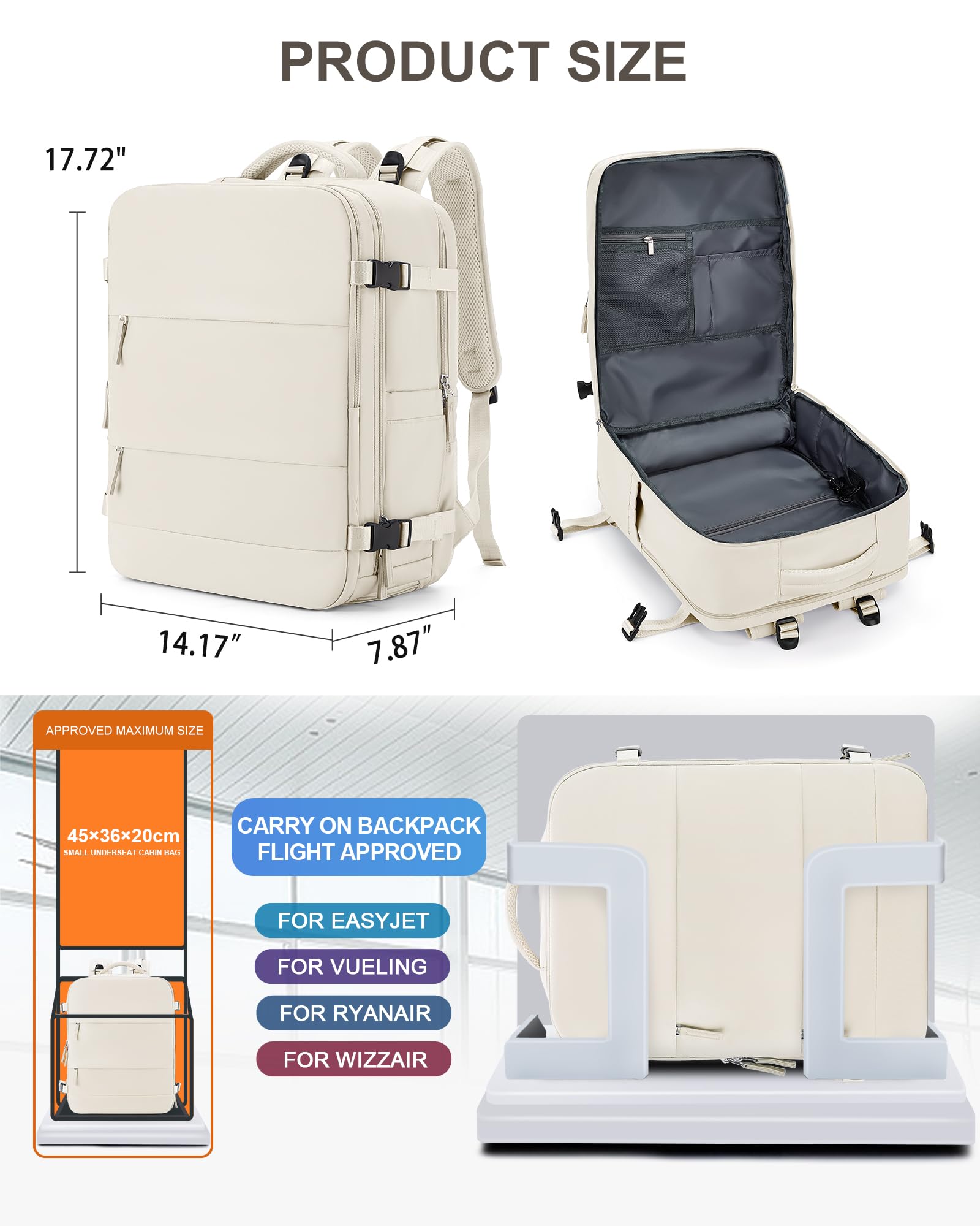 Foto 5 pulgar | Mochila De Viaje Coowoz Large Carry On Impermeable Beige - Venta Internacional.