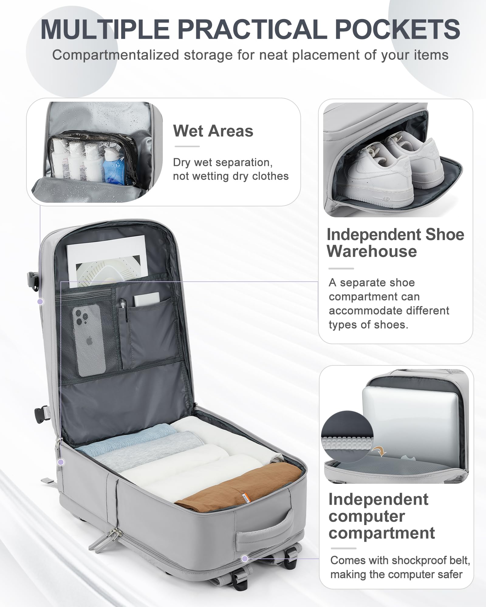 Foto 2 | Mochila De Viaje Coowoz Large Carry On Impermeable Gris - Venta Internacional.
