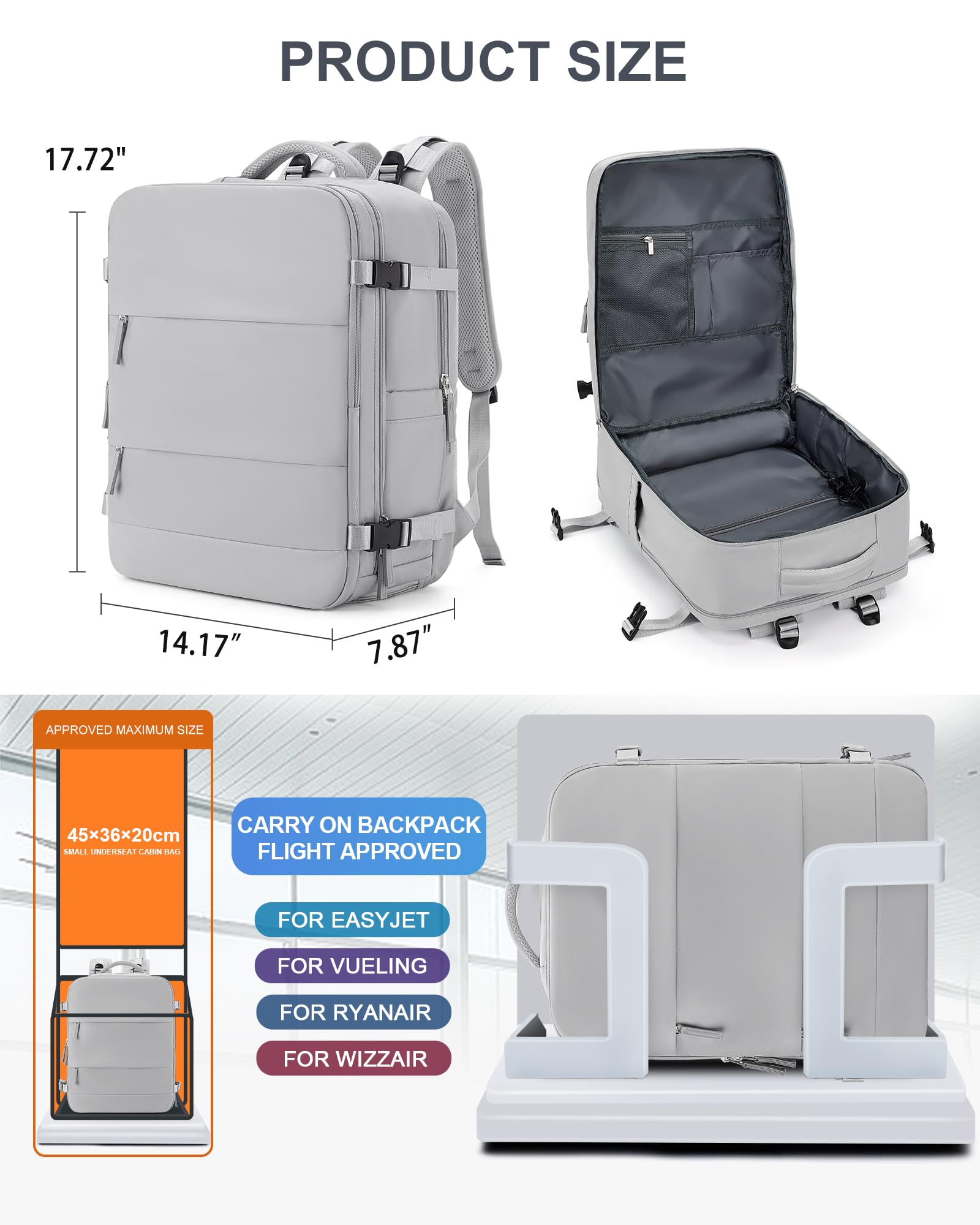 Foto 5 pulgar | Mochila De Viaje Coowoz Large Carry On Impermeable Gris - Venta Internacional.