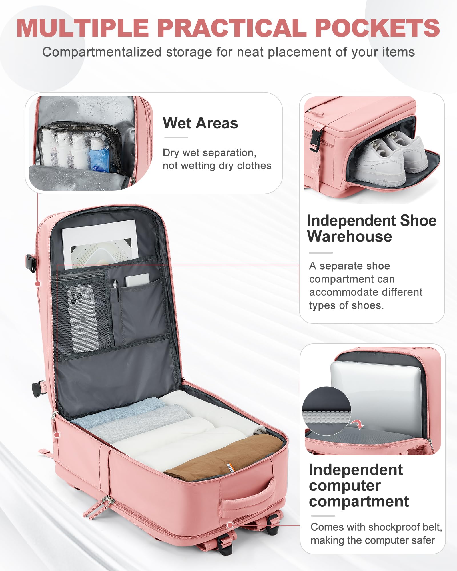 Foto 3 pulgar | Mochila De Viaje Coowoz Large Carry On Waterproof Rosa - Venta Internacional.