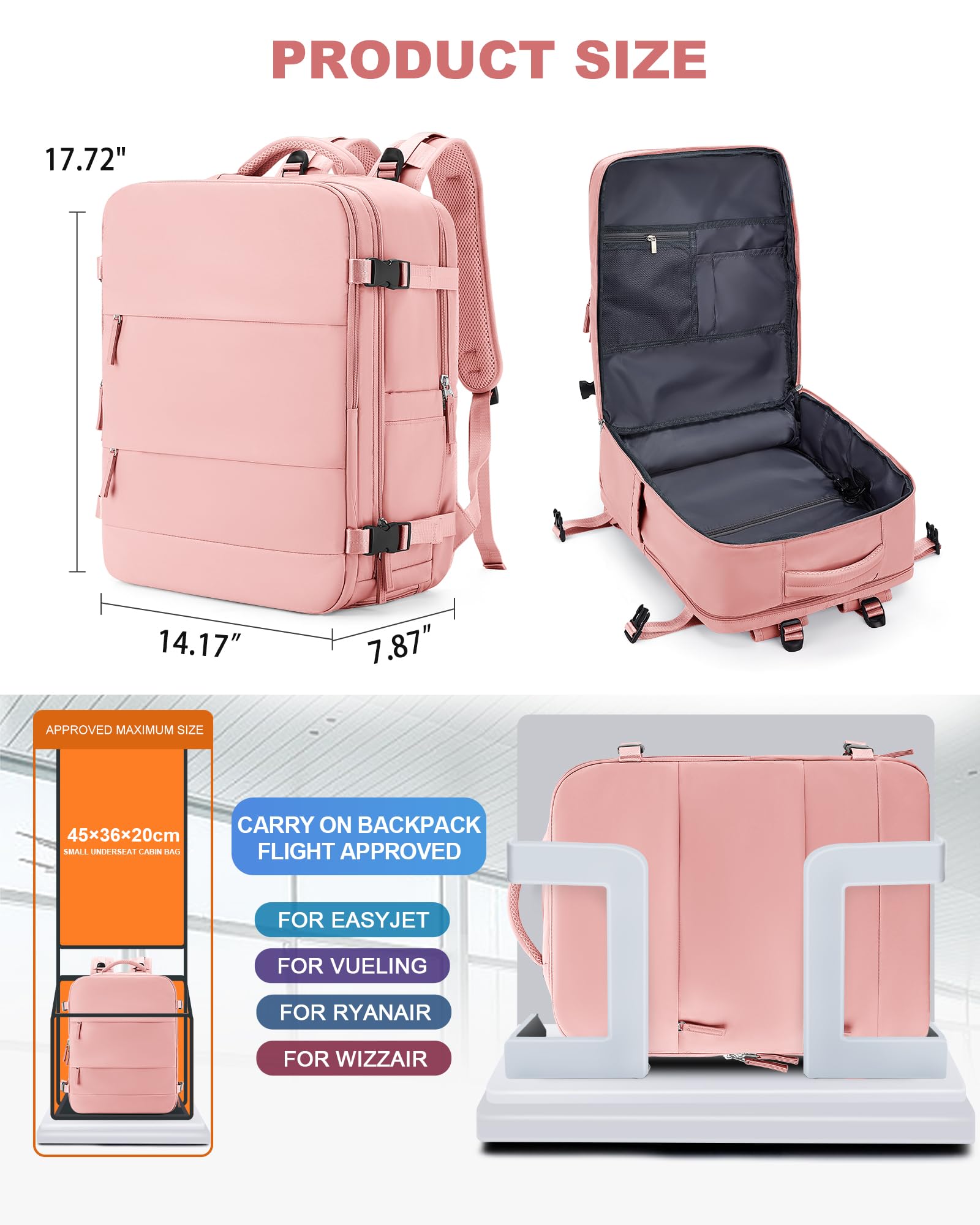Foto 4 | Mochila De Viaje Coowoz Large Carry On Waterproof Rosa - Venta Internacional.