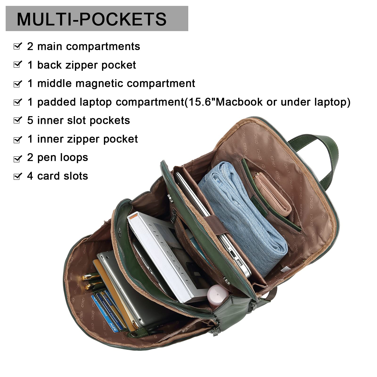 Foto 3 | Mochila Cluci Para Portátil Vintage De Piel Auténtica 15.6 Pulgadas Para Mujer - Venta Internacional.