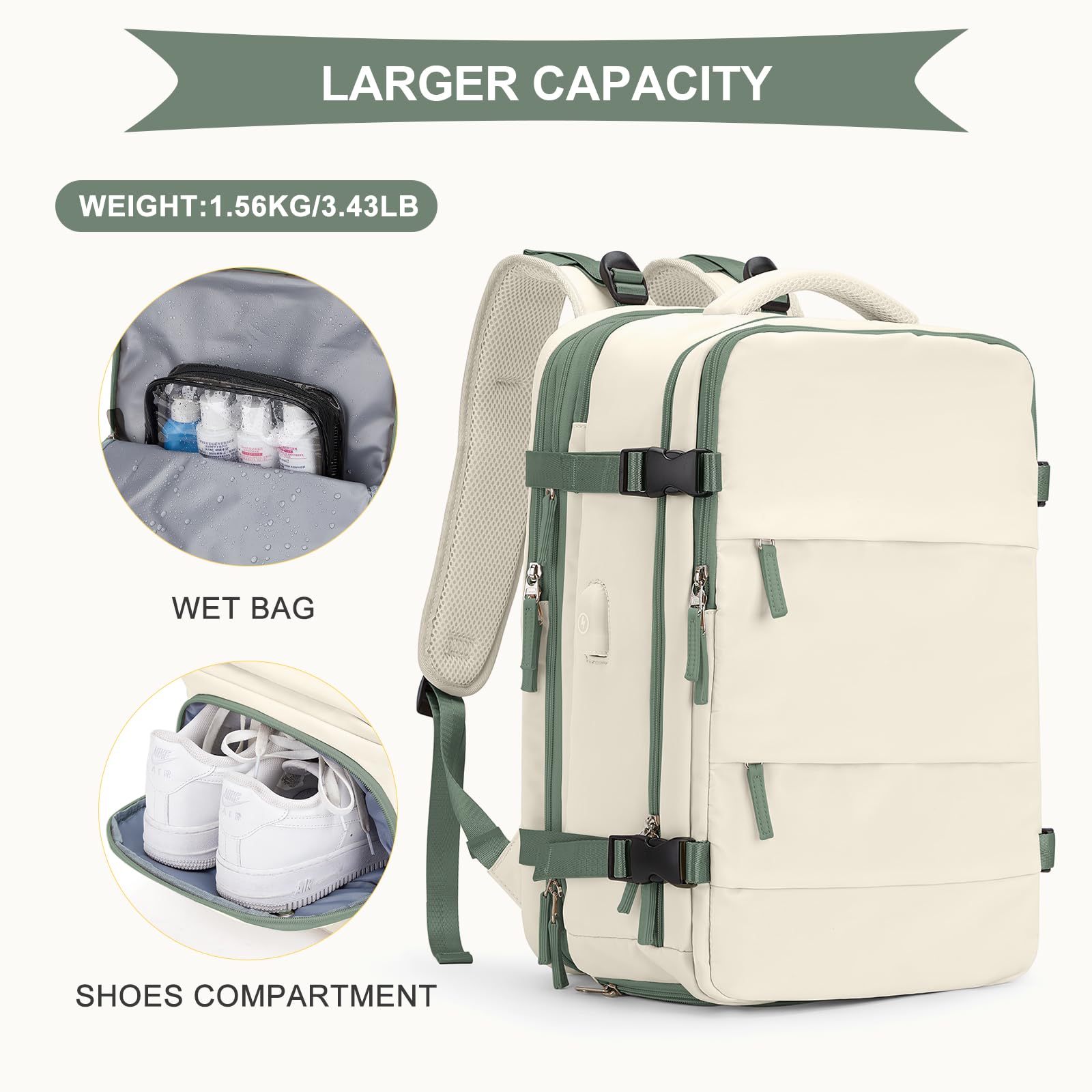 Foto 4 pulgar | Mochila Coowoz Large Travel Impermeable Blanco Unisex - Venta Internacional