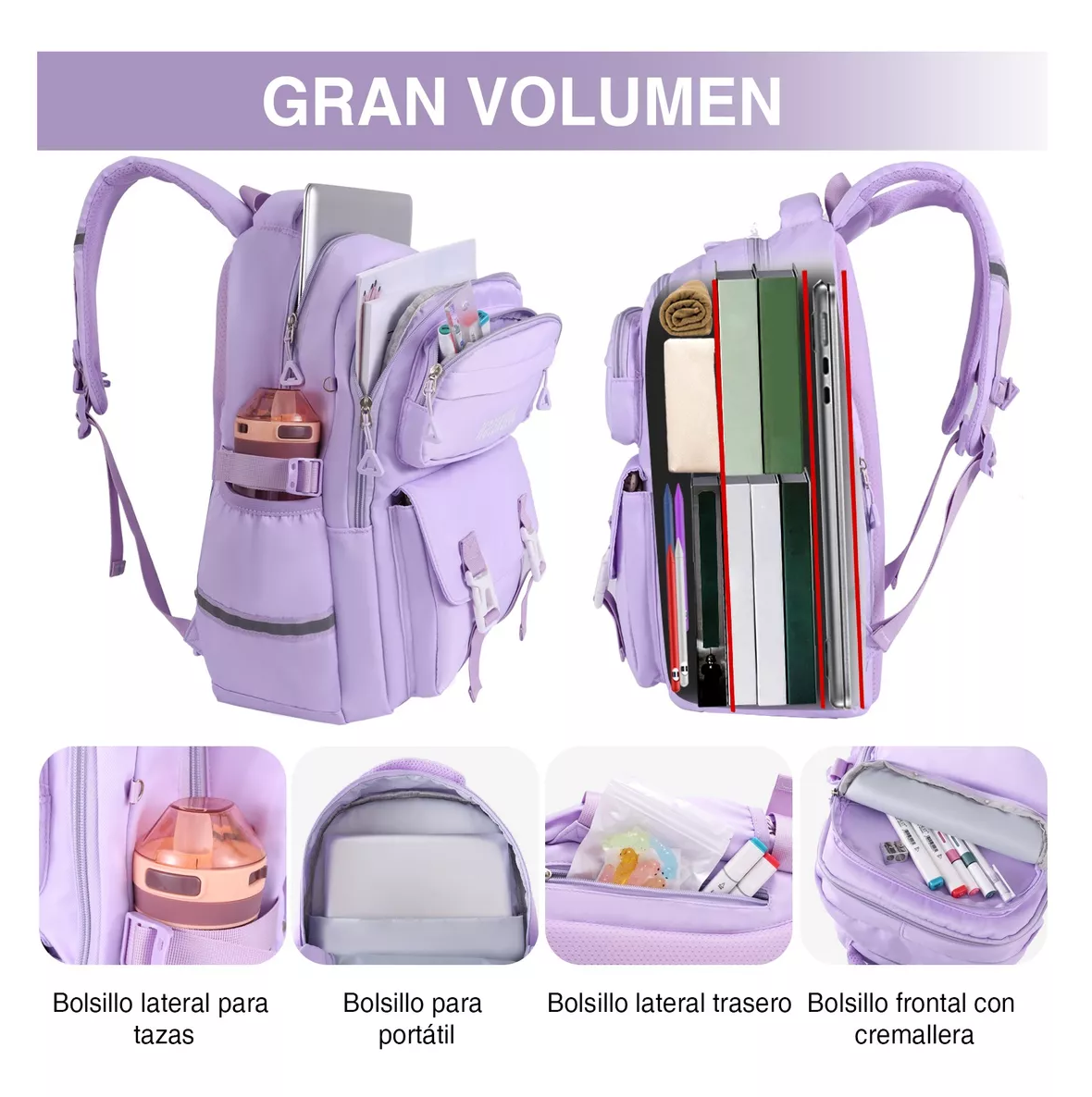 Foto 4 pulgar | Set de 3 Mochilas Escolares de Viaje para Laptop con Gran Capacidad en Morado