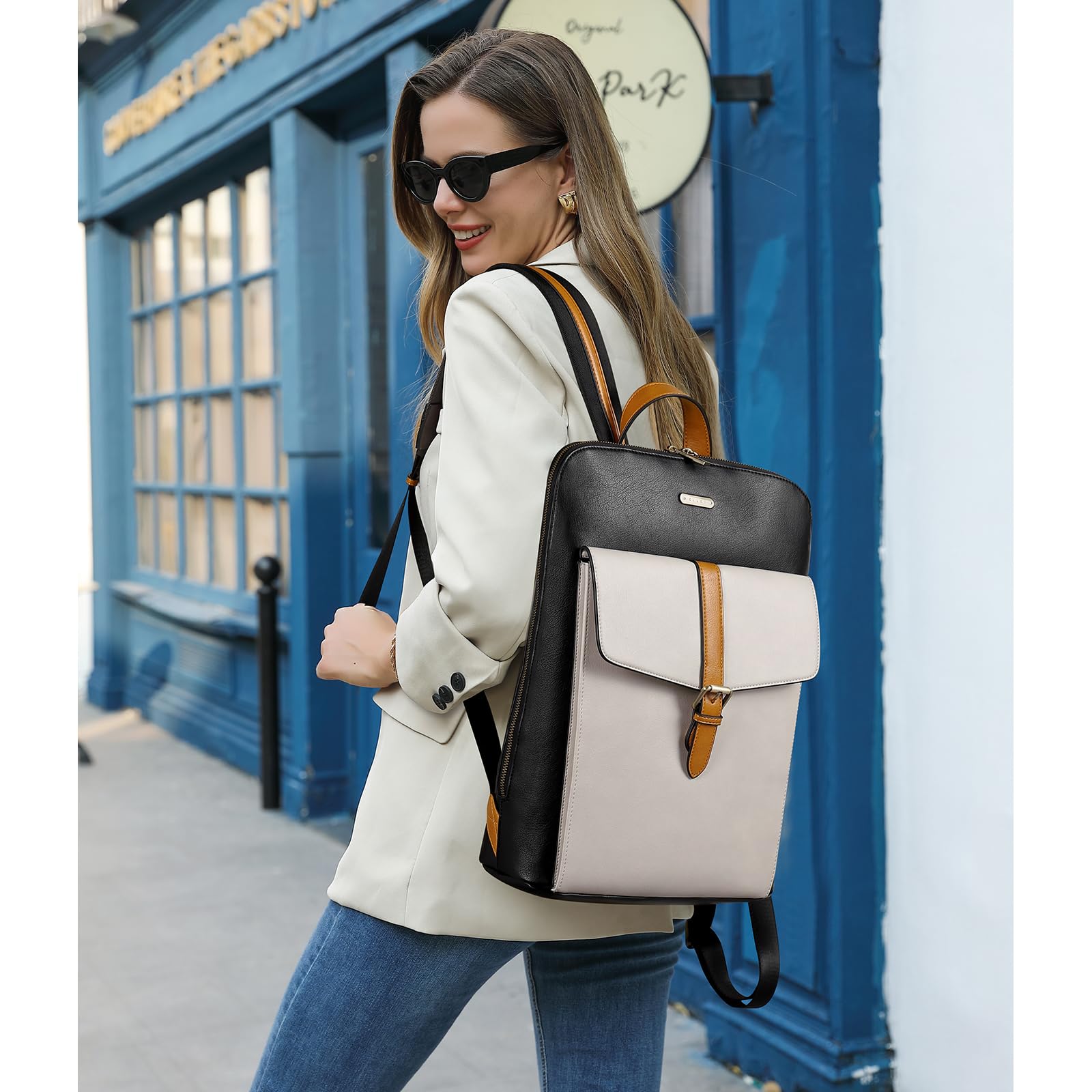 Foto 3 pulgar | Mochila Para Portátil Cluci Leather 15.6'' Para Mujer En Blanco Y Negro - Venta Internacional.