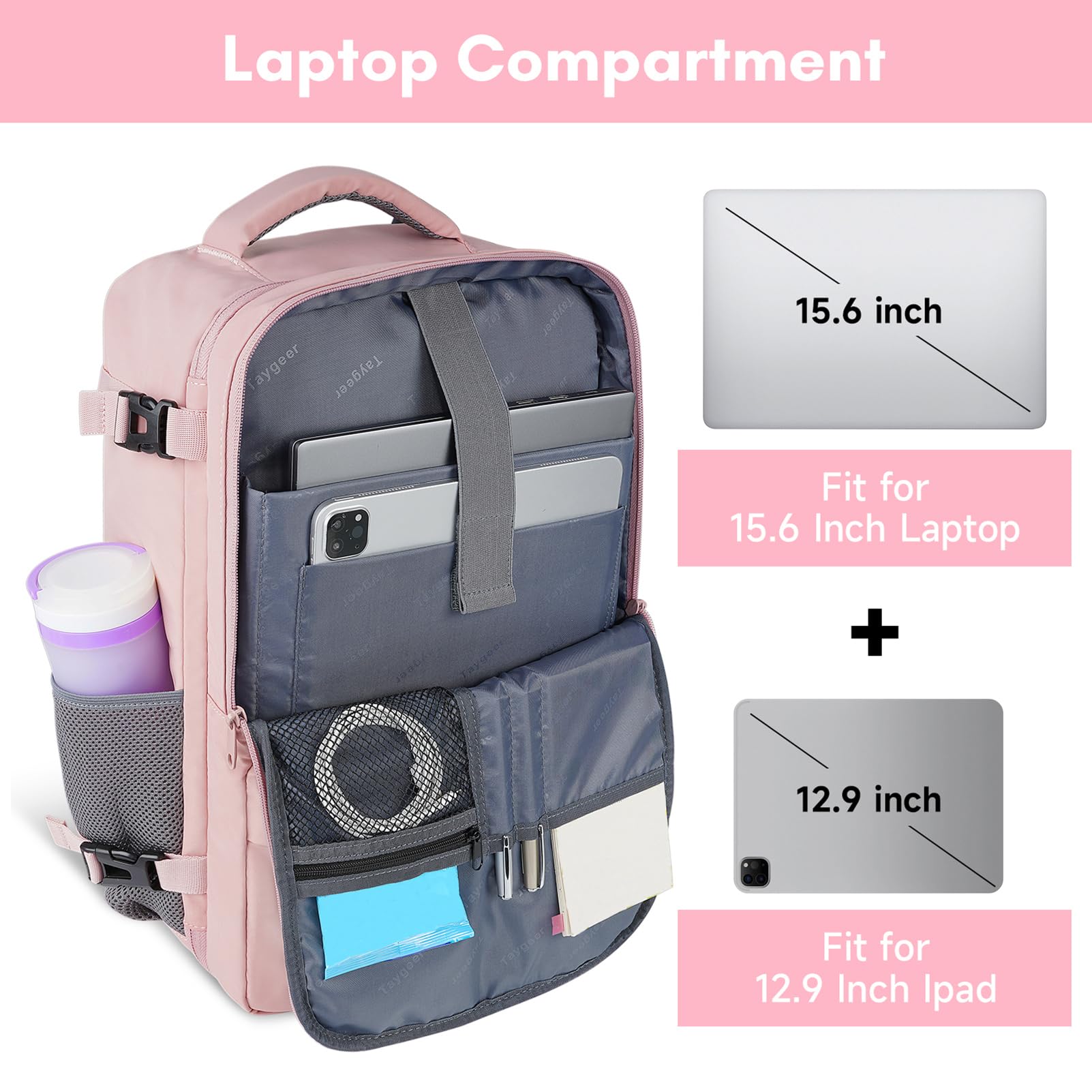 Foto 4 | Mochila Taygeer Travel Para Mujer Con Puerto Usb Y Funda Para Zapatos, Color Rosa - Venta Internacional.