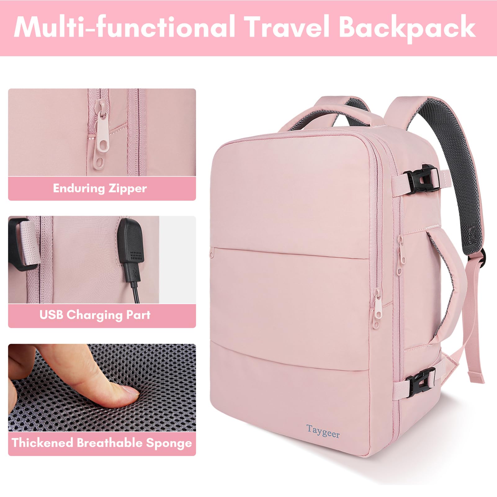 Foto 7 | Mochila Taygeer Travel Para Mujer Con Puerto Usb Y Funda Para Zapatos, Color Rosa - Venta Internacional.