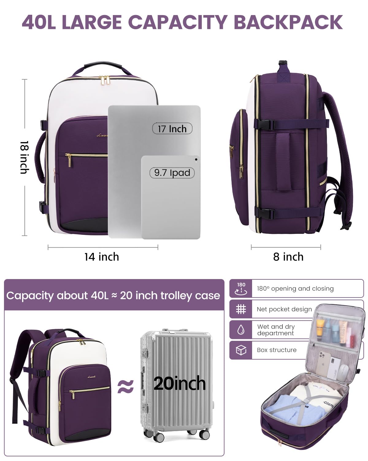 Foto 5 pulgar | Mochila De Mano Lovevook De 40 Litros Para Mujer Con 3 Cubos De Embalaje - Venta Internacional.