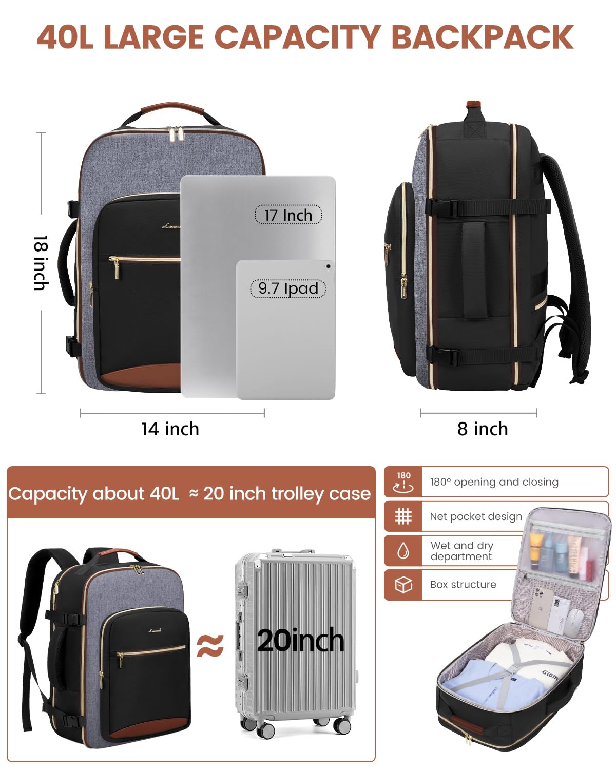 Foto 4 | Mochila de Viaje Lovevook Negra 4 Piezas-Venta Internacional