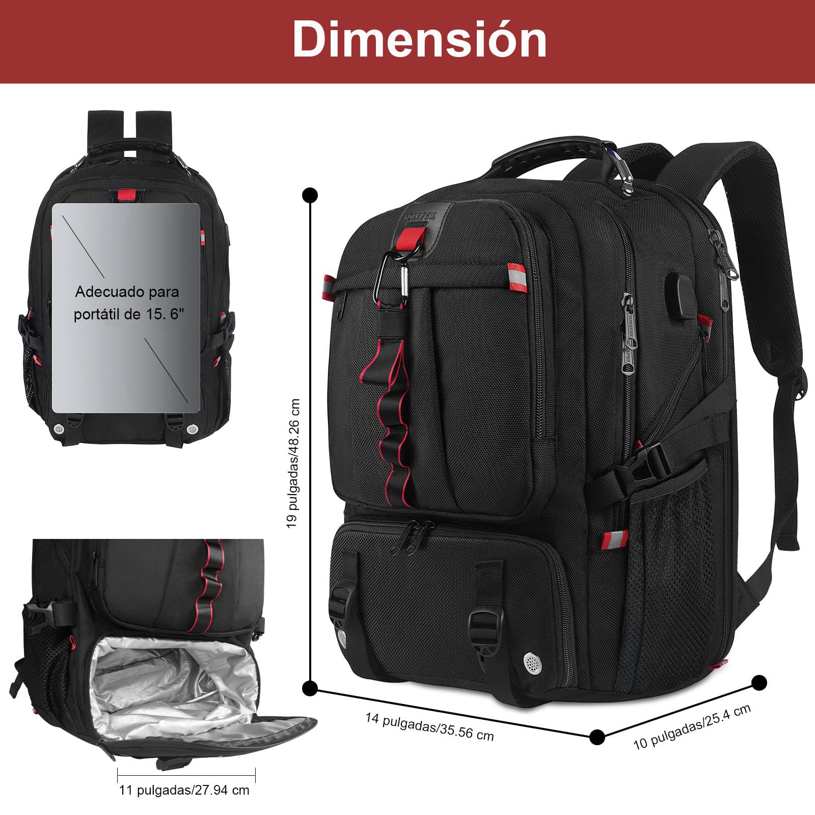 Foto 2 | Mochila Yorepek Gym con Compartimento para Zapatos Portátil Usb de 17 Pulgadas Negra - Venta Internacional