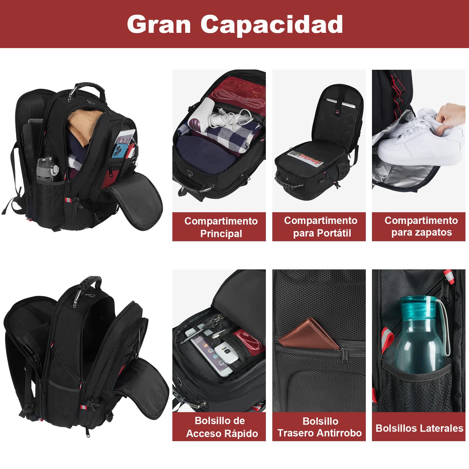 Foto 3 | Mochila Yorepek Gym con Compartimento para Zapatos Portátil Usb de 17 Pulgadas Negra - Venta Internacional