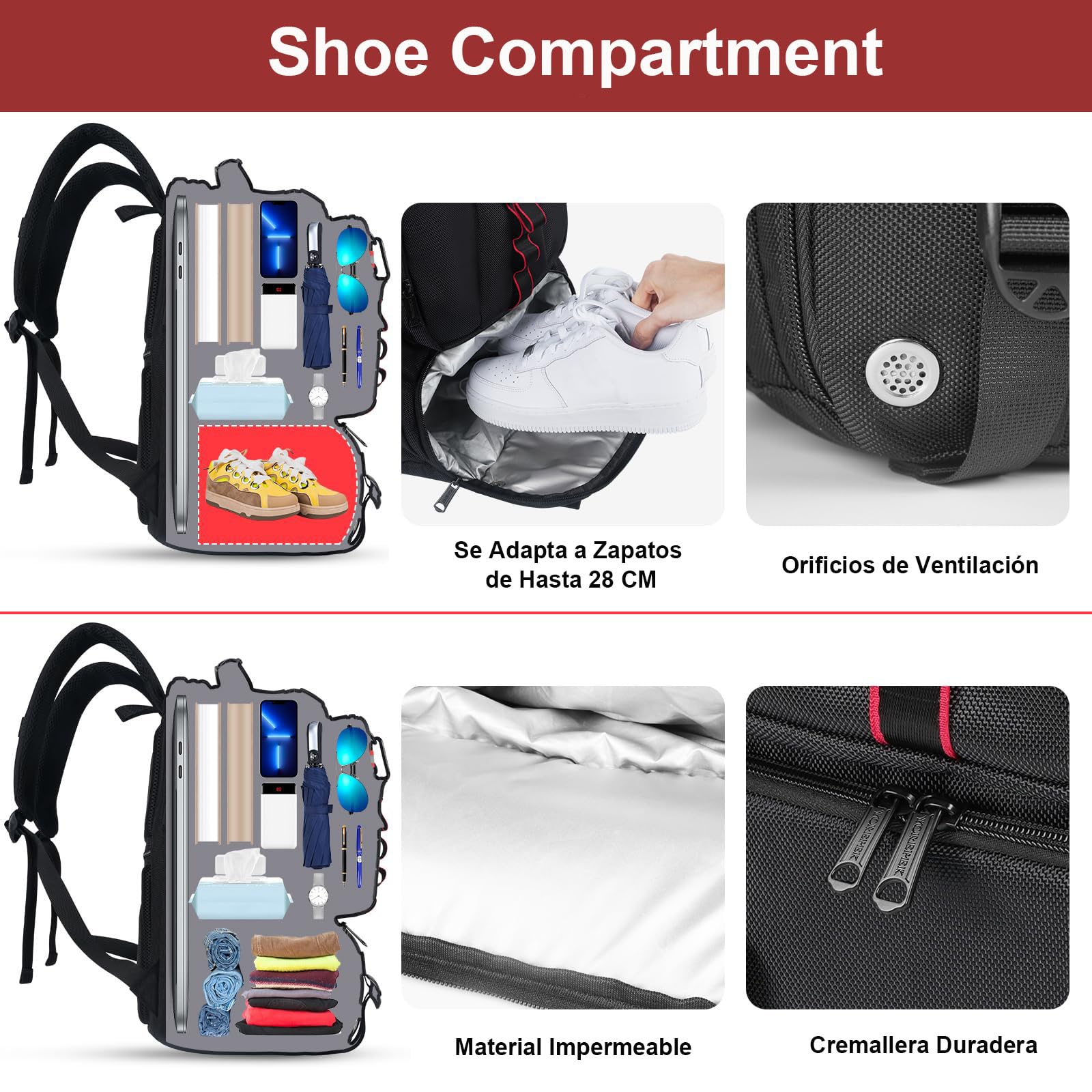 Foto 4 | Mochila Yorepek Gym con Compartimento para Zapatos Portátil Usb de 17 Pulgadas Negra - Venta Internacional