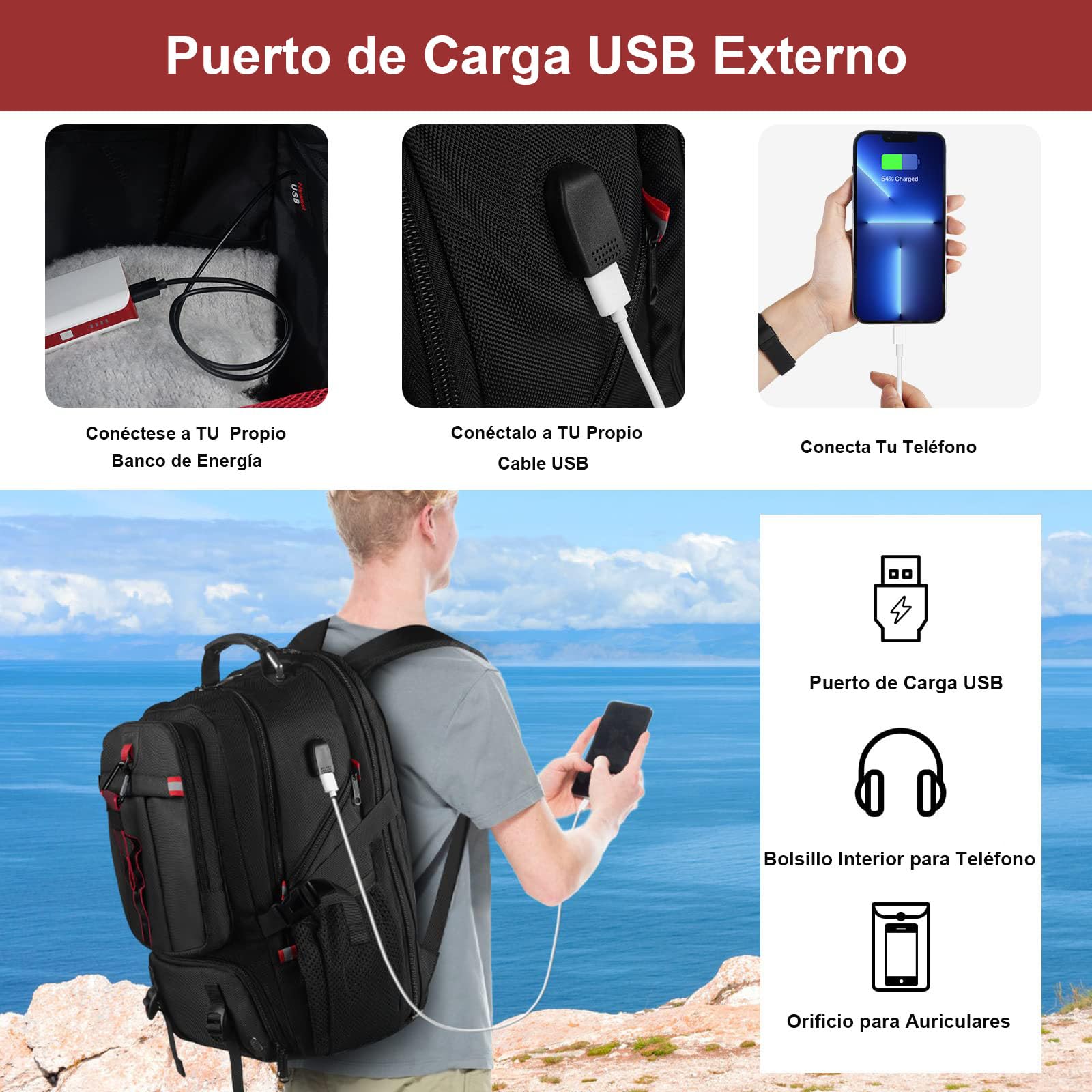 Foto 6 | Mochila Yorepek Gym con Compartimento para Zapatos Portátil Usb de 17 Pulgadas Negra - Venta Internacional
