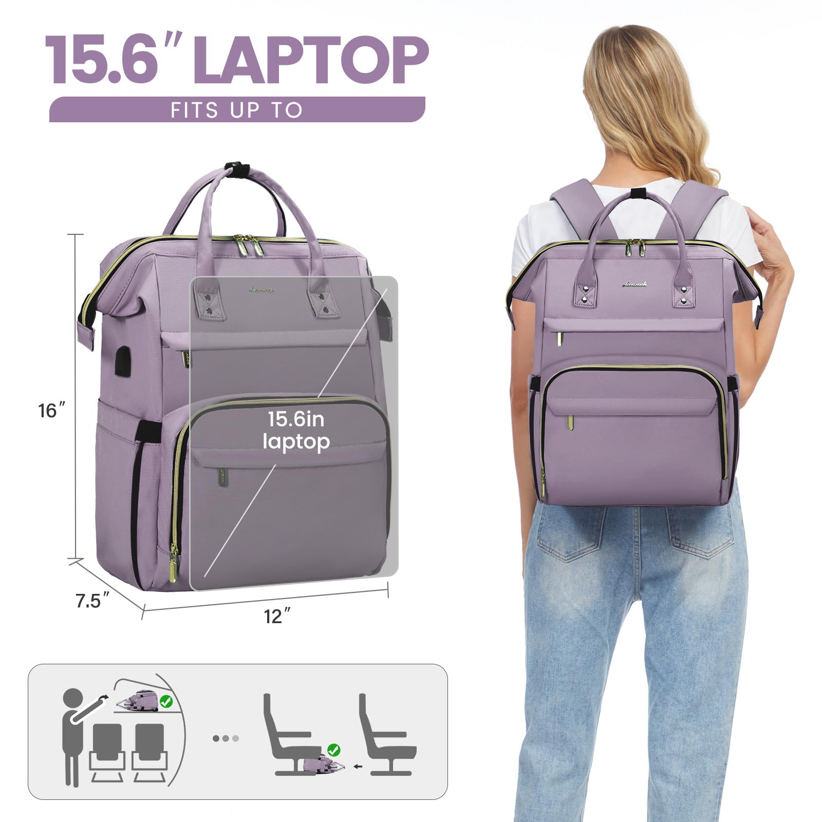 Foto 5 | Mochila Para Portátil Lovevook Para Mujer, 15.6 Pulgadas, Impermeable, Color Morado Claro - Venta Internacional.